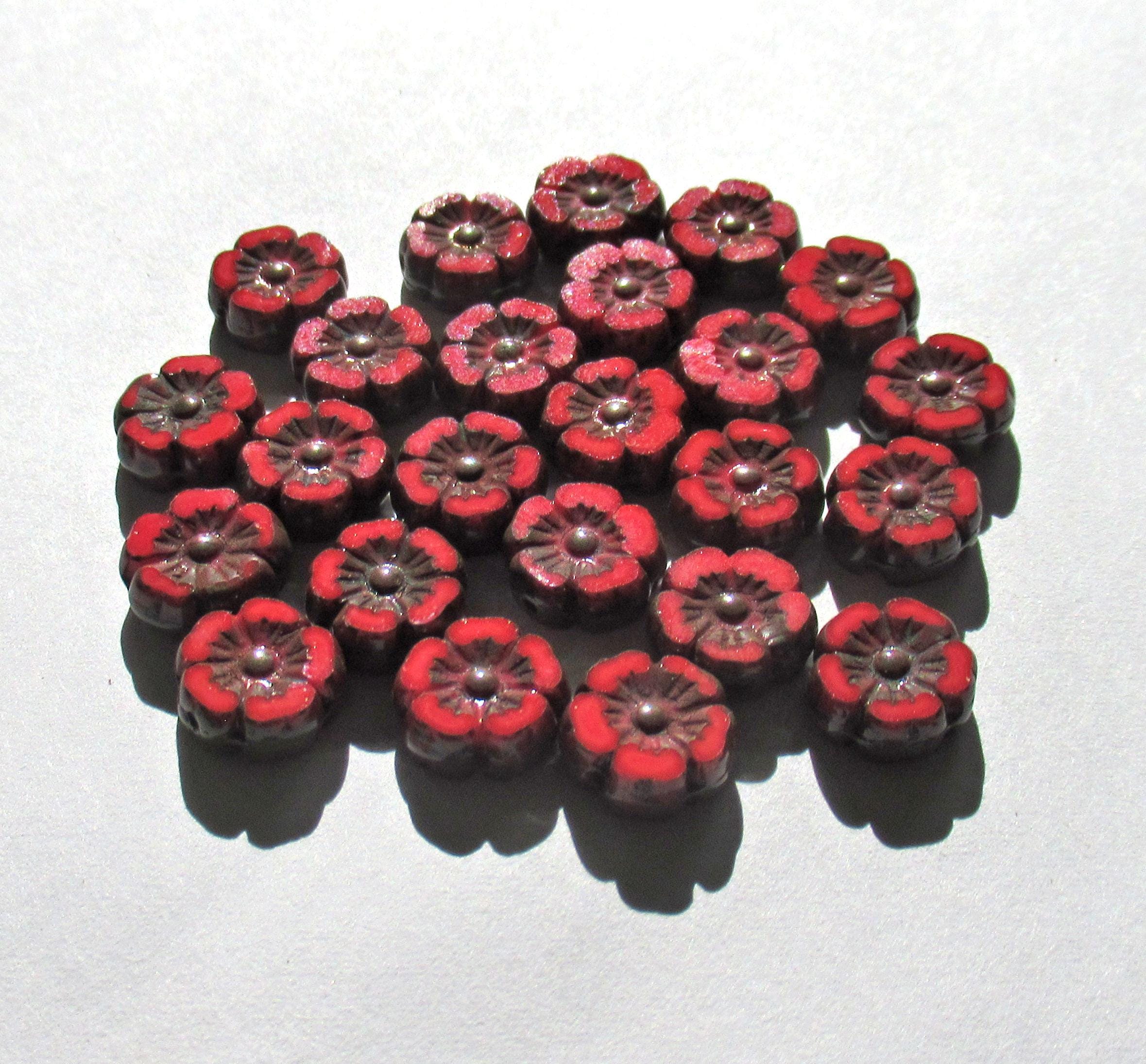 Ten 10mm Czech glass flower beads - opaque red w/ picasso accents - table cut carved Hawaiian hibiscus flowers - C00191