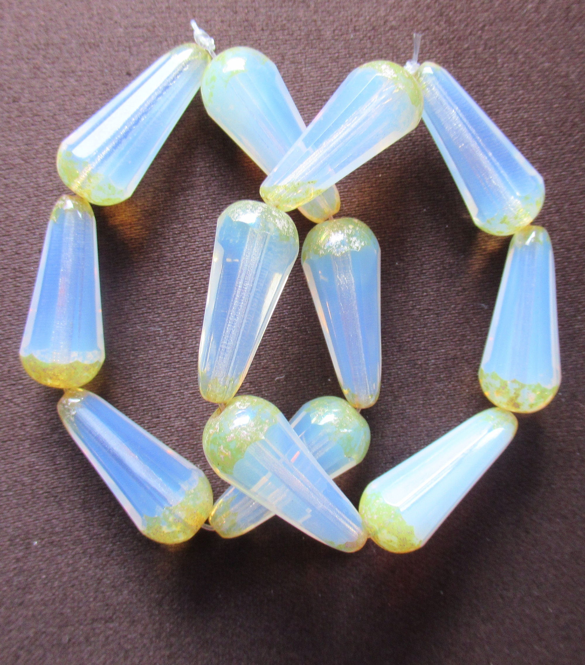 Six Czech glass long faceted teardrop beads - translucent milky white w/ picasso finish on the ends - 9 x 20mm elongated tear drops 19106