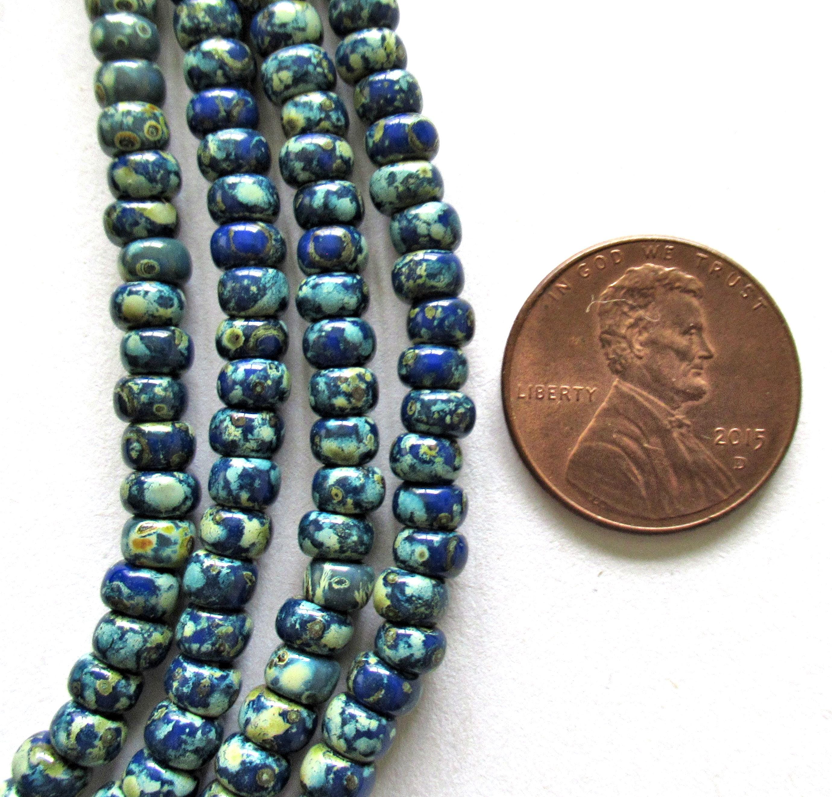 6/0 Czech glass aged seed beads - opaque blue picasso beads - one 24 inch strand - approx 218 beads - C00755