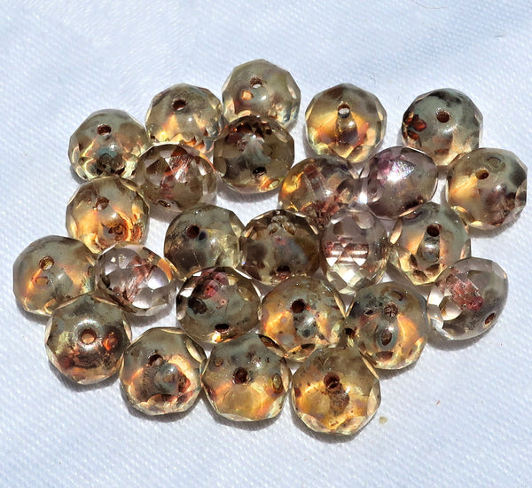 Lot of 25 Czech glass puffy rondelle beads - transparent crystal picasso, 8mm x 6mm neutral, rustic, earthy faceted rondelles 25201