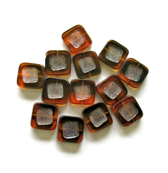 Ten large Czech glass square beads - light & dark topaz brown - 14 x 14mm - table cut carved - chunky rustic beads - C05201