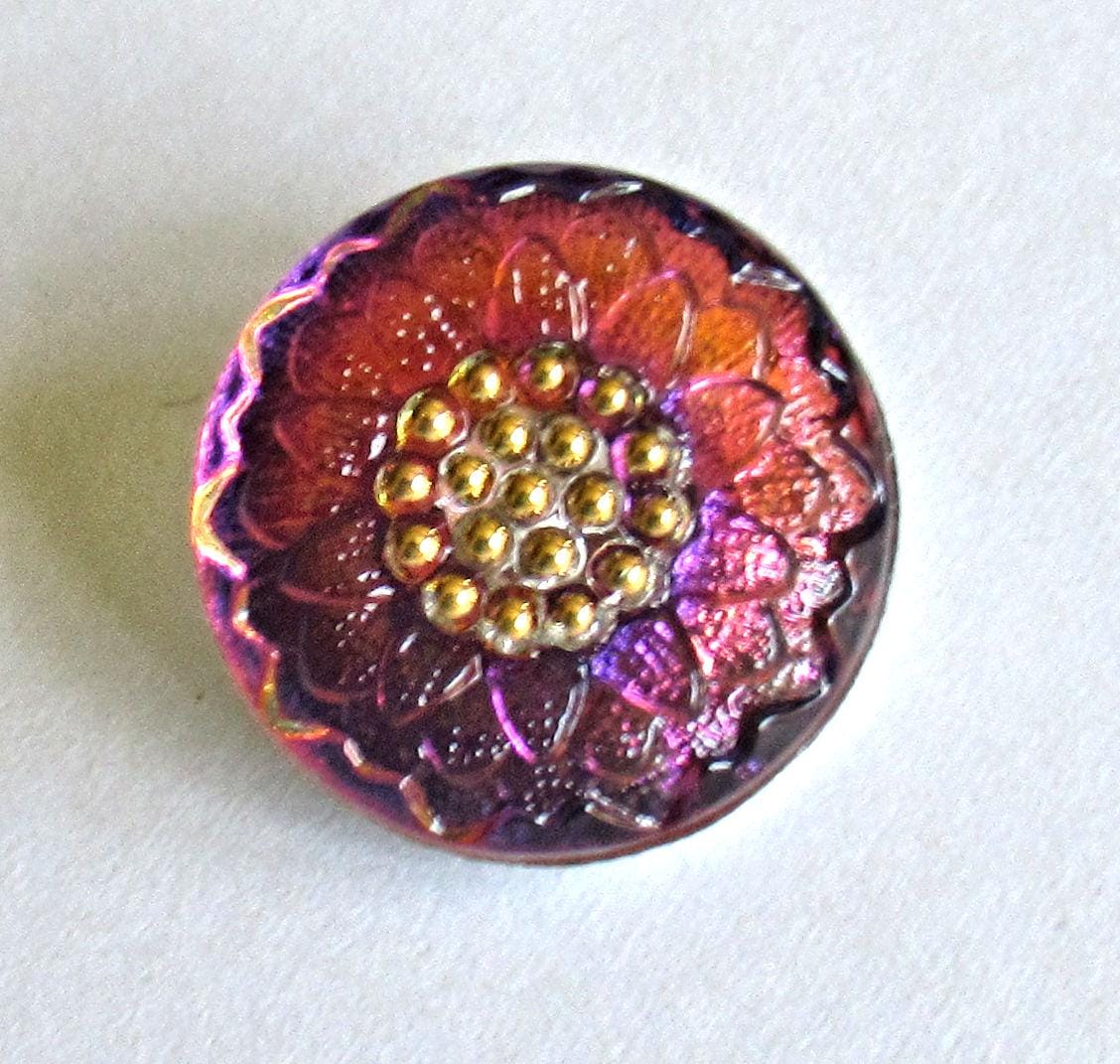 One 18mm iridescent Czech glass floral button - pink orange & purple flower with gold accents - decorative shank button - 00392