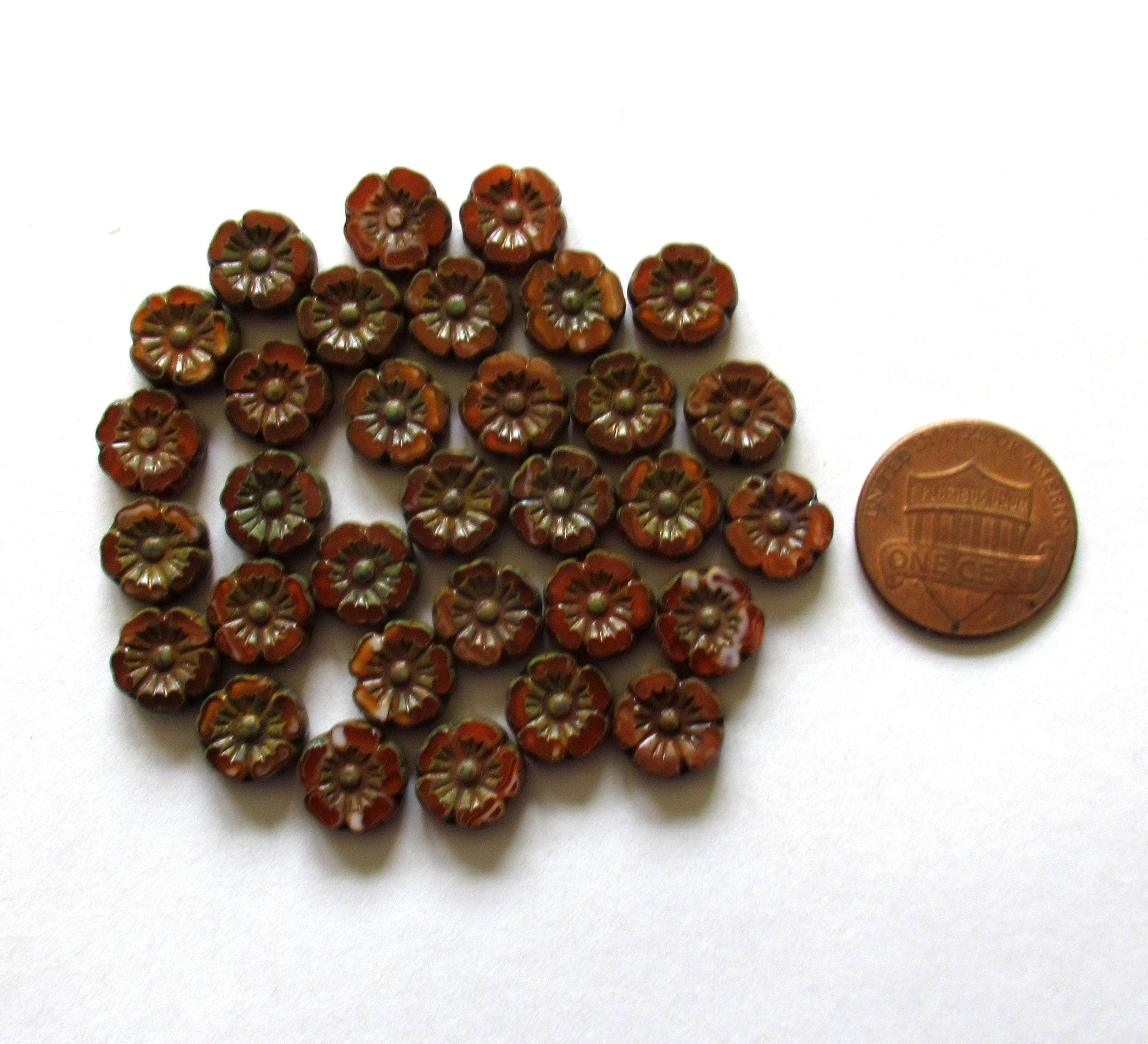 Lot of 16 9mm Czech glass flower beads - opaque brown orange & rust w/ picasso accents - Hawaiian hibiscus table cut carved beads - C00432