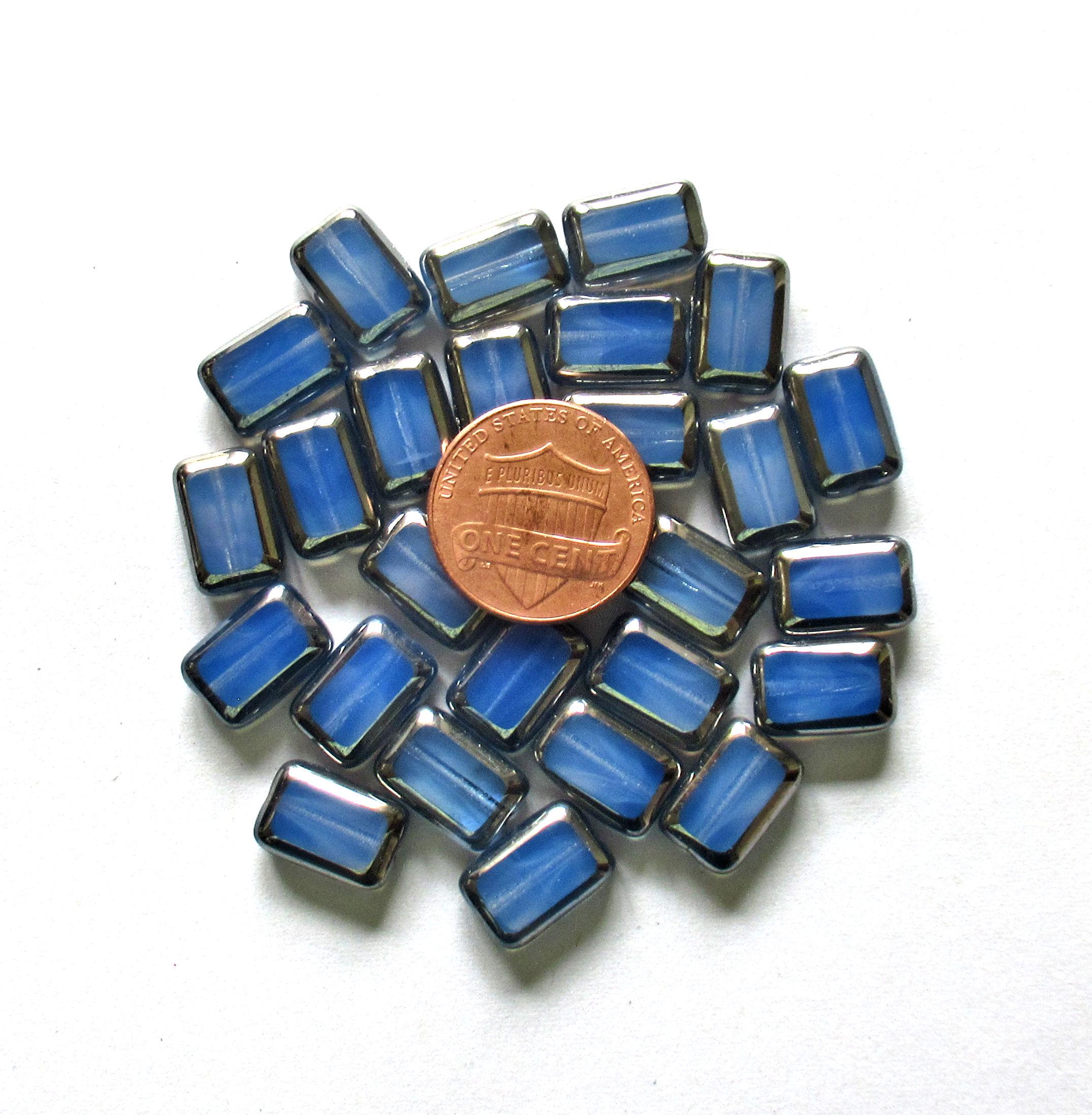 Ten Czech glass rectangle beads - 8 x 12mm - translucent blue opal w/ a silver picasso finish along the edges - C00631