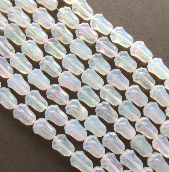 25 Czech glass tulip flower beads - milky white ab - 12 x 8mm - translucent white opal - pressed glass beads - C00088