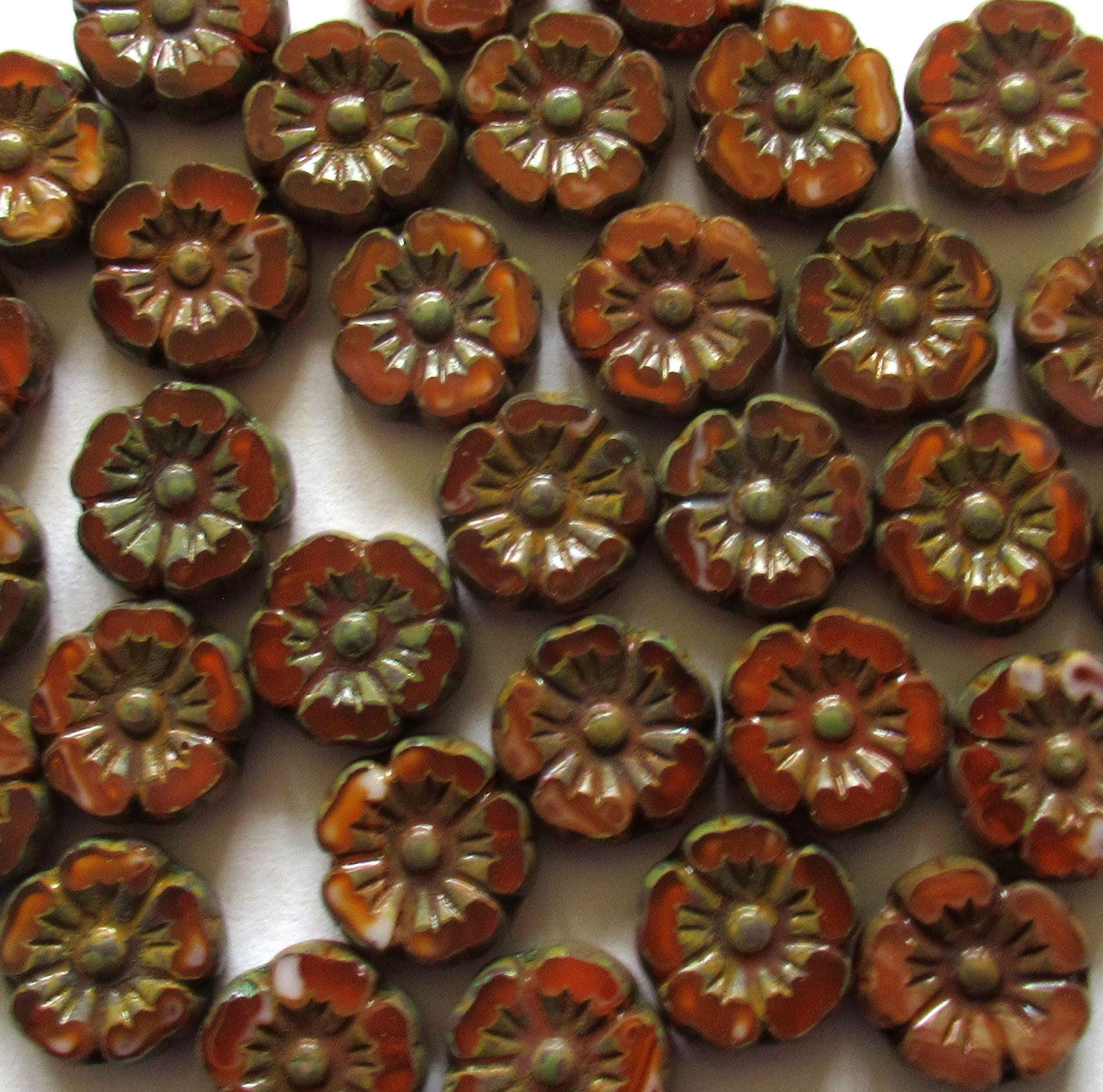 Lot of 16 9mm Czech glass flower beads - opaque brown orange & rust w/ picasso accents - Hawaiian hibiscus table cut carved beads - C00432