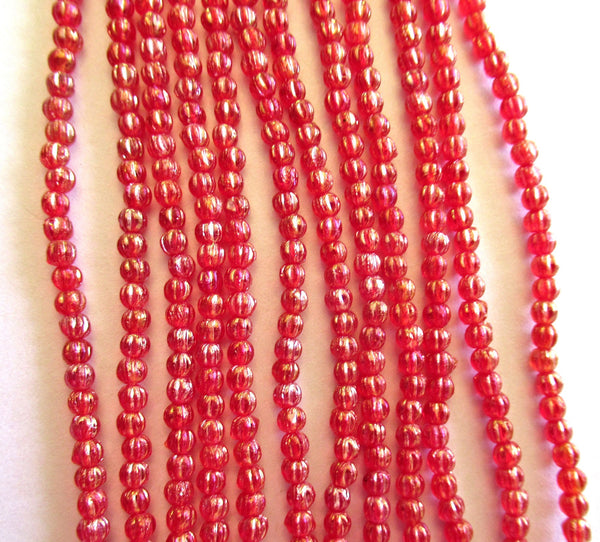 100 3mm Czech glass melon beads - Transparent Luster Iris Ruby Red - siam red pressed glass beads C0029