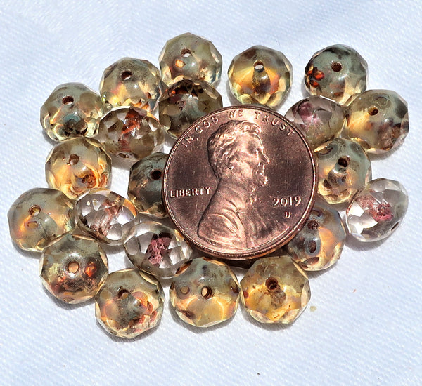 Lot of 25 Czech glass puffy rondelle beads - transparent crystal picasso, 8mm x 6mm neutral, rustic, earthy faceted rondelles 25201