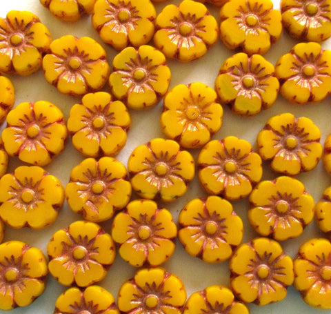 Czech glass flower beads - opaque marigold yellow orange w/ copper wash - 10mm - table cut - Hawaiian hibiscus beads - 10 beads - C00471
