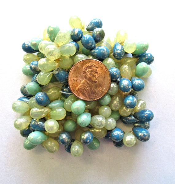 25 Czech glass drop beads - translucent champagne & opaque green and blue mix w/a picasso finish - smooth teardrop beads - 9 x 6mm C800051