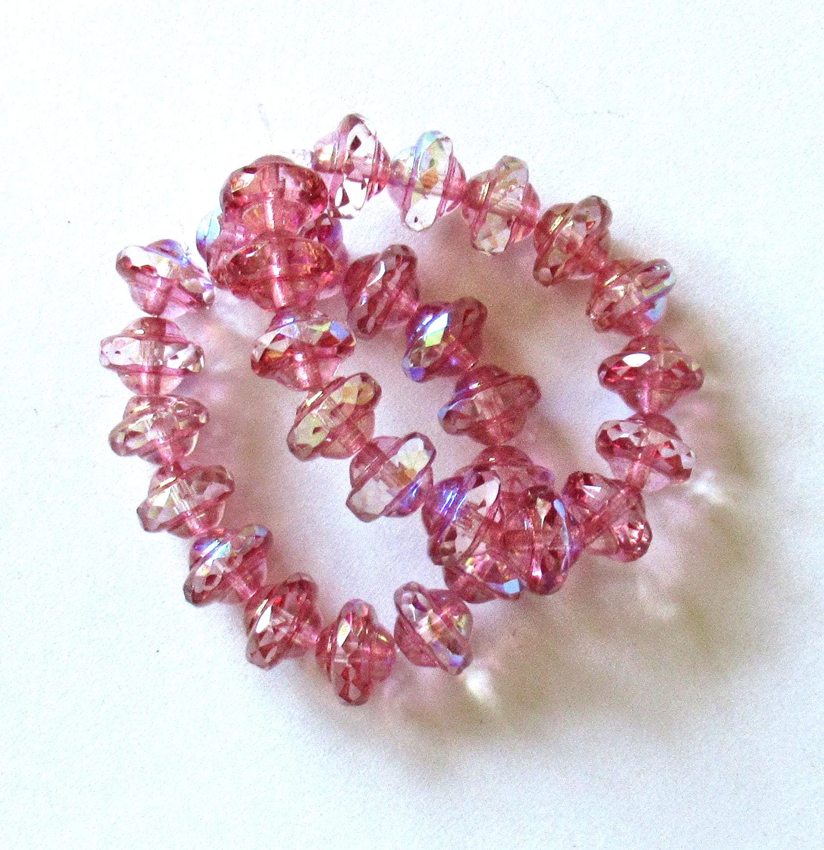 15 Czech glass mini saturn beads - 6 x 8mm - crystal clear with pink, AB & bronze finishes - faceted saucer beads - C00842