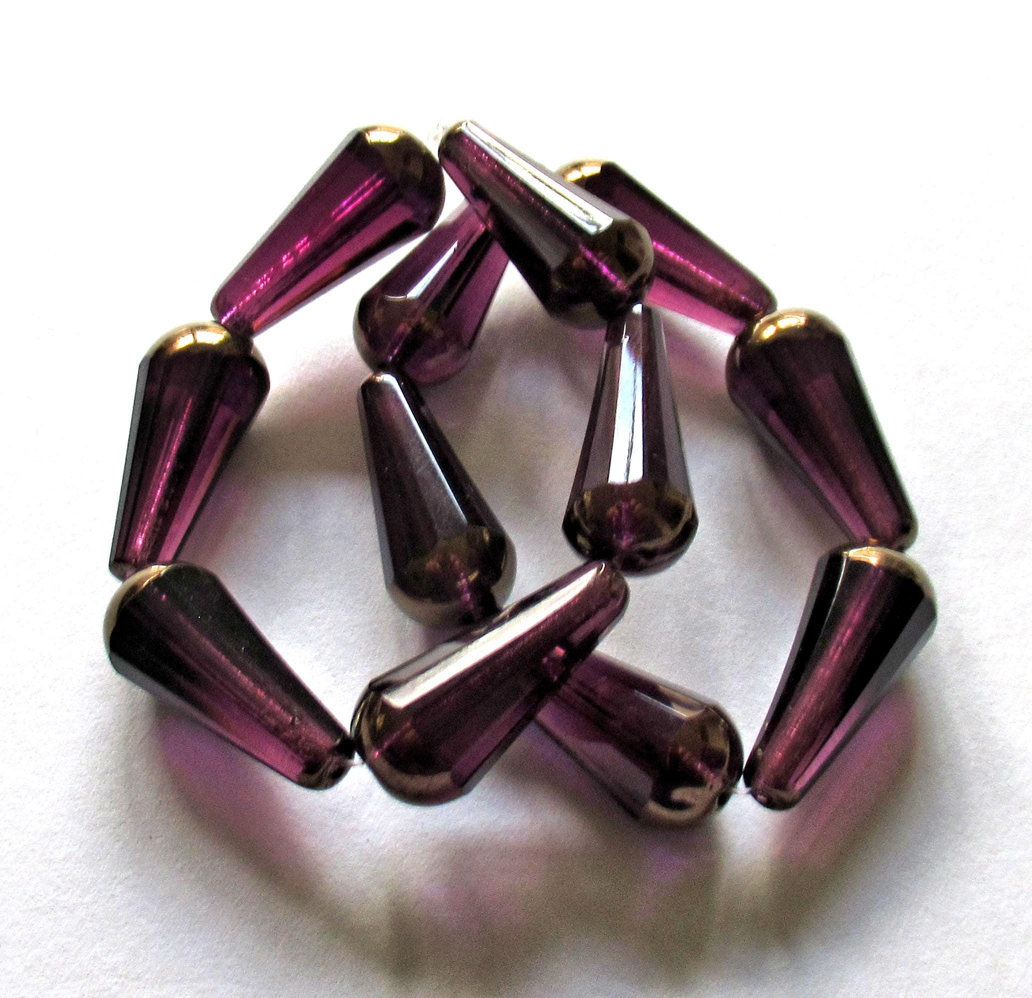 Six Czech glass long faceted teardrop beads - amethyst purple w/ a bronze picasso finish on the ends - 9 x 20mm drop beads - 0513
