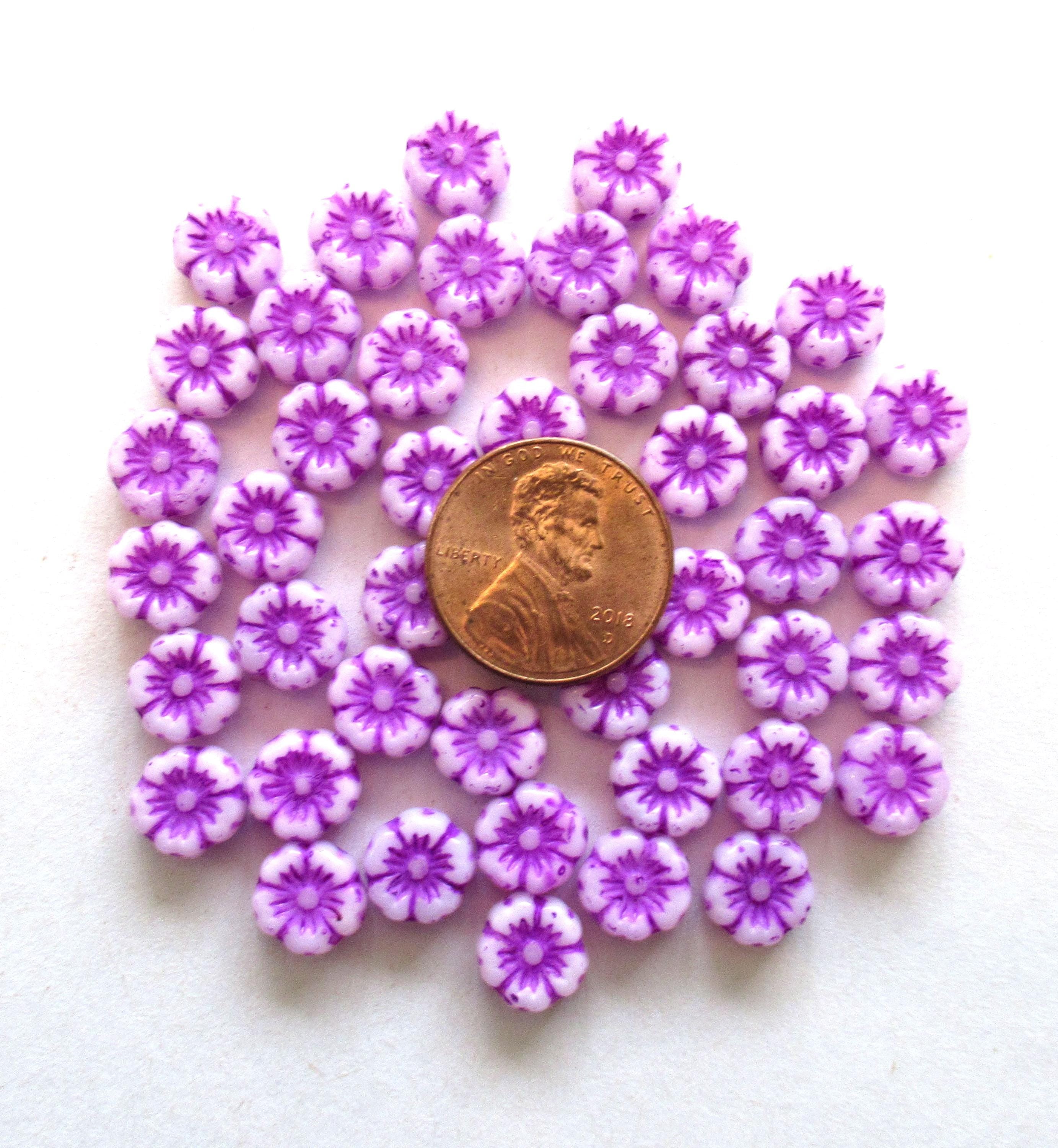 15 8mm Czech glass flower beads - opaque white beads with a deep bright purple wash - Hawaiian hibiscus flower beads C00501