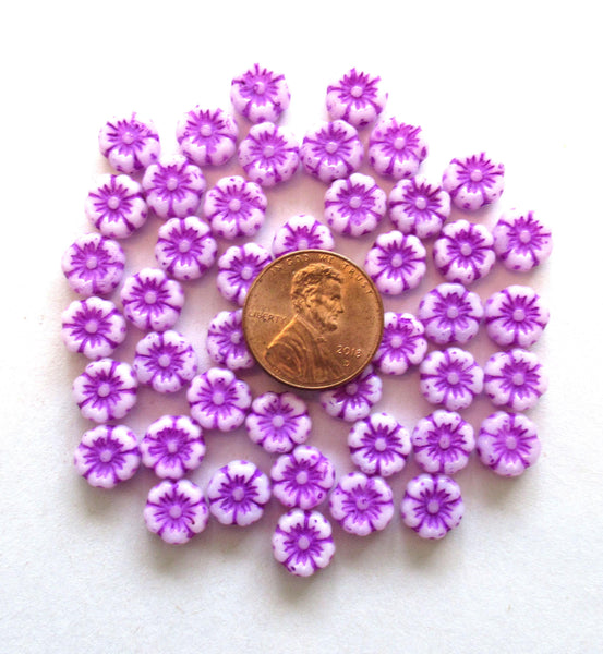 15 8mm Czech glass flower beads - opaque white beads with a deep bright purple wash - Hawaiian hibiscus flower beads C00501