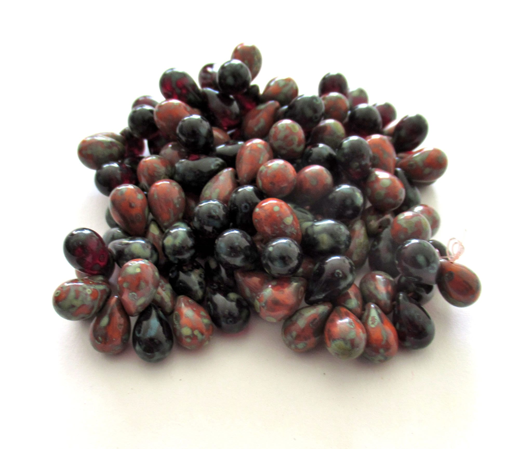 25 Czech glass drop beads - transparent garnet & opaque rust orange red with a picasso finish - smooth teardrop beads - 9 x 6mm C0049