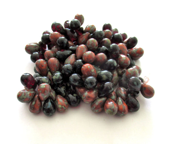 25 Czech glass drop beads - transparent garnet & opaque rust orange red with a picasso finish - smooth teardrop beads - 9 x 6mm C0049