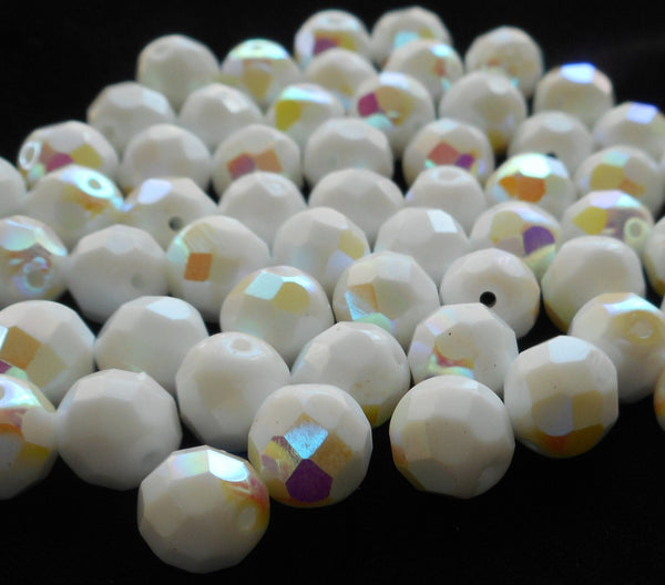 25 8mm Czech glass beads, Opaque White AB firepolished, faceted round beads C40125