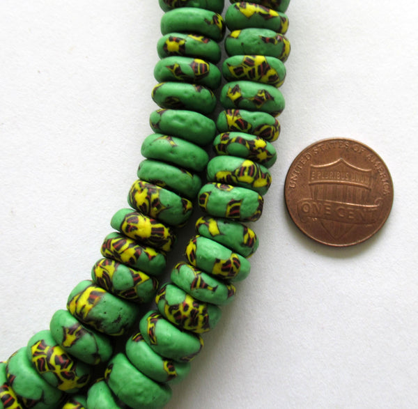 15 African recycled glass rondelle spacer beads - green yellow & black beads - 10 to 11mm by 3.5mm thick - big hole - rustic beads - 00241