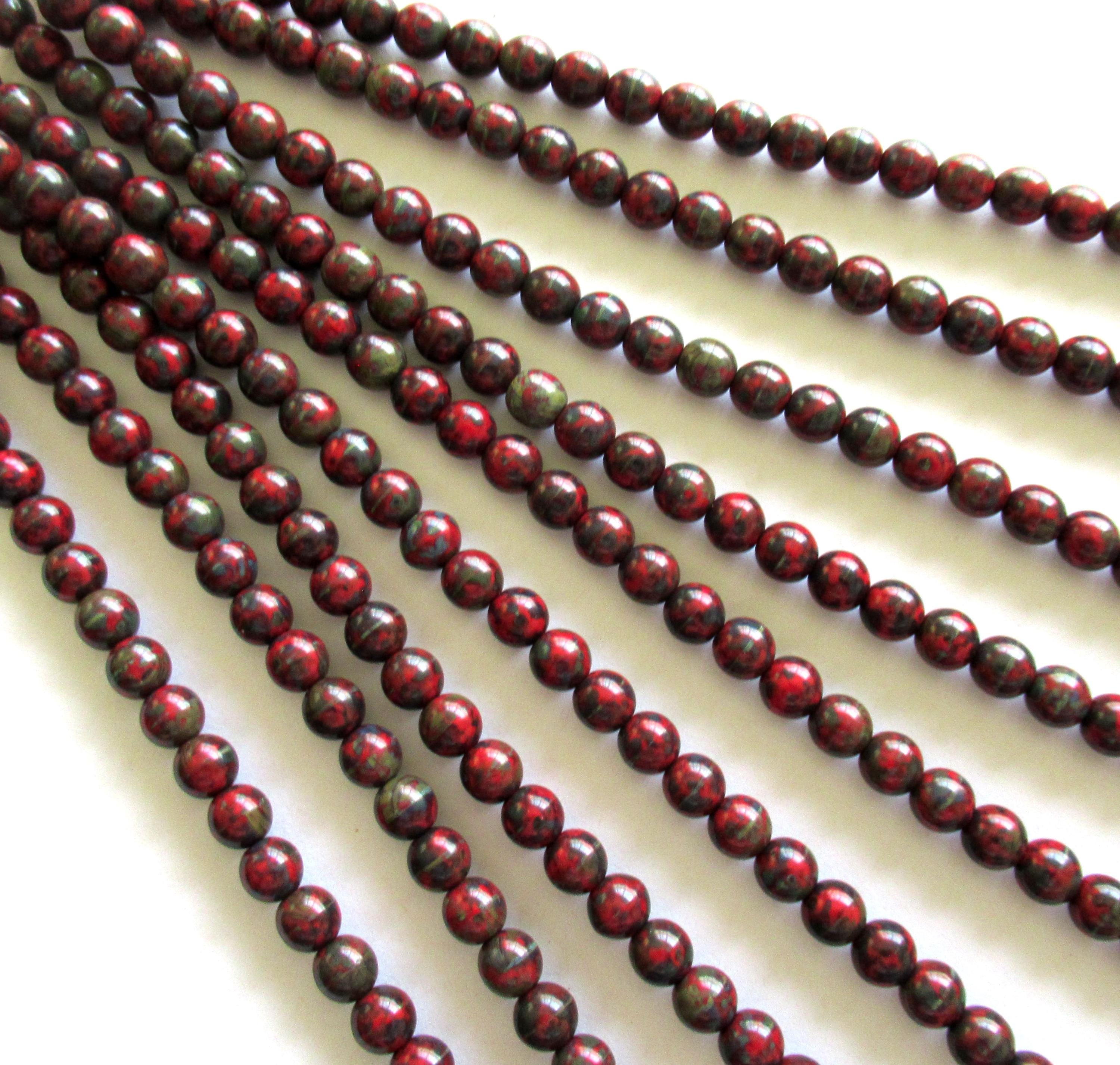 50 6mm Czech glass druk beads - opaque dark red beads with a full picasso coat - earthy rustic smooth round druks - C0029
