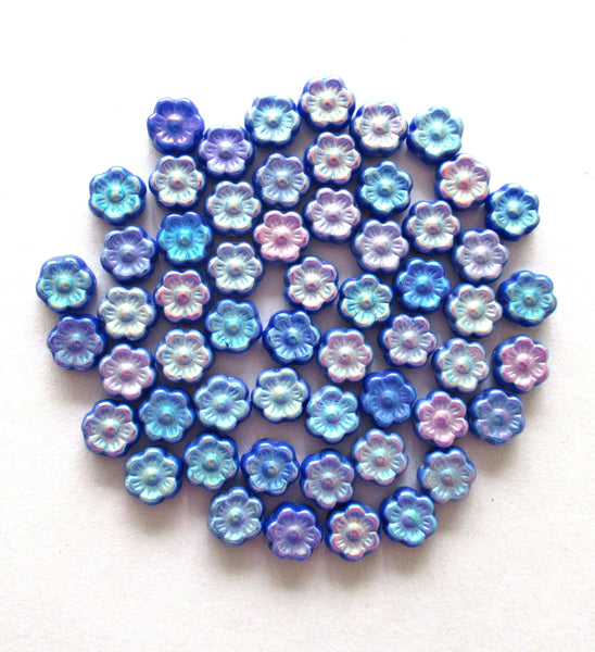 25 6mm small Czech glass flower beads - opaque royal blue with a rainbow ab finish on both sides - pressed glass floral beads - C0068
