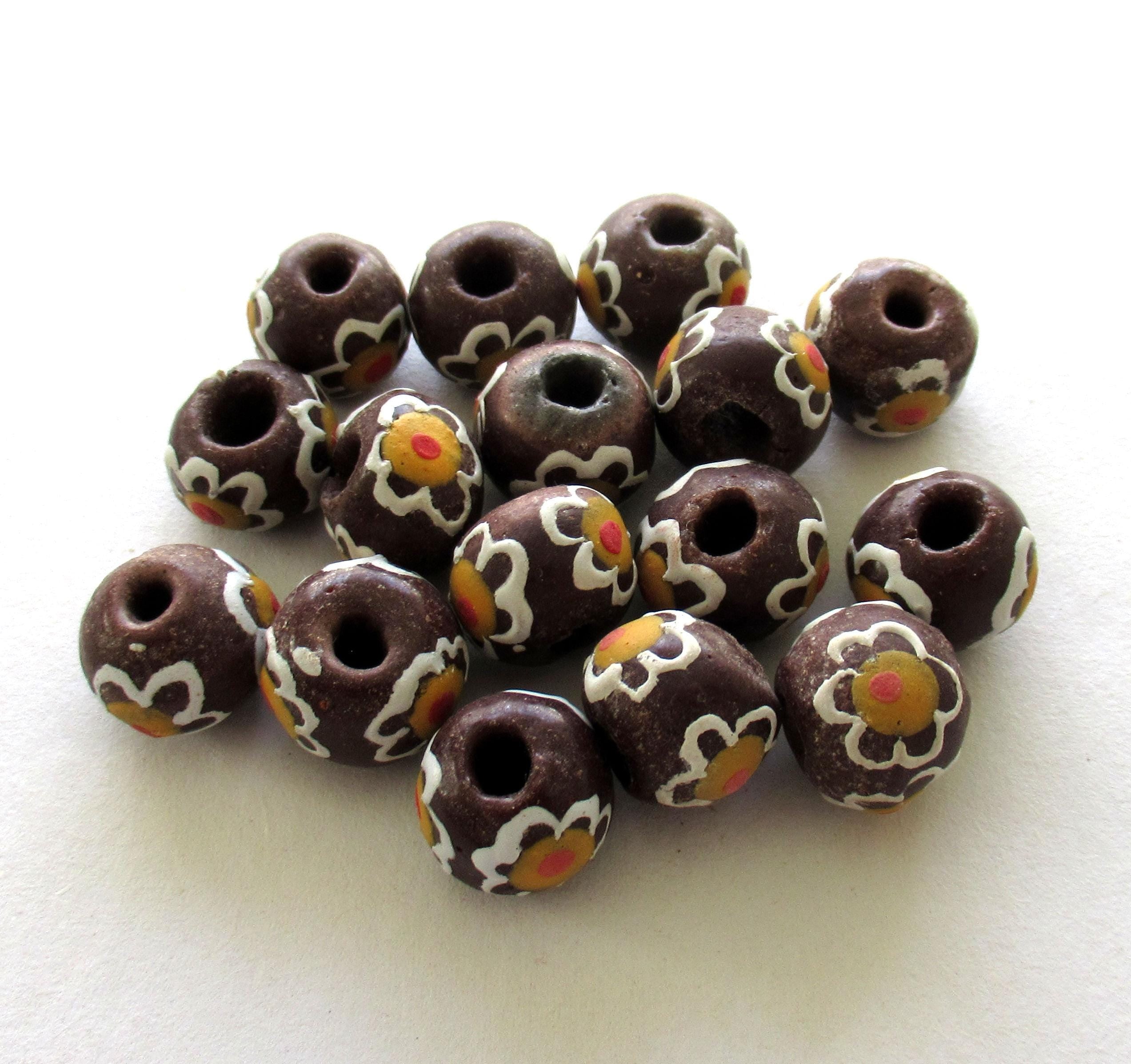 African Ghana Krobo glass donut or rondelle beads - brown floral beads - 12mm - big hole rustic beads - 8 beads - C00021