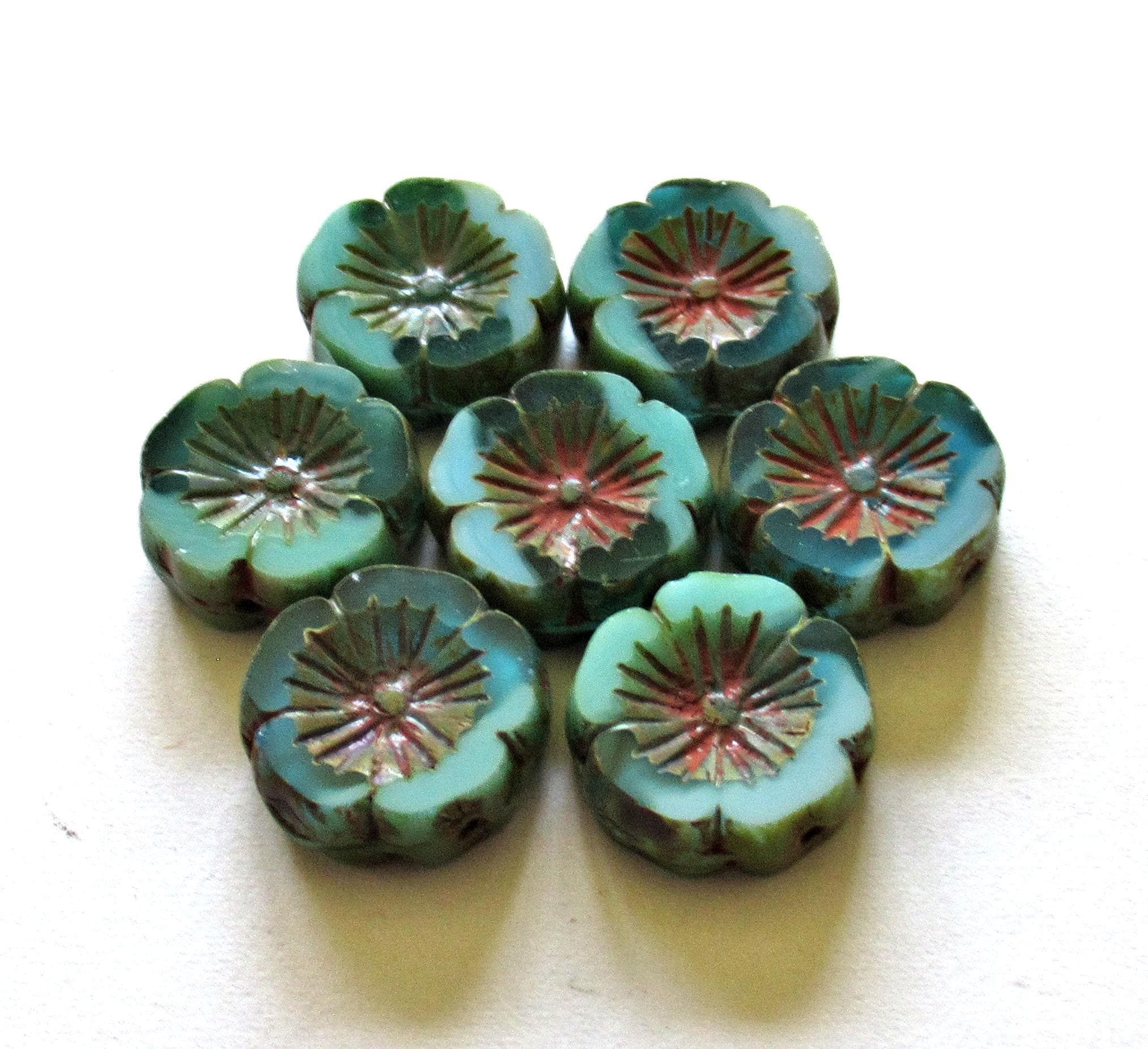 Six 14mm Czech glass flower beads - opaque blue & green picasso - table cut carved Hawaiian hibiscus Flower beads - C00042