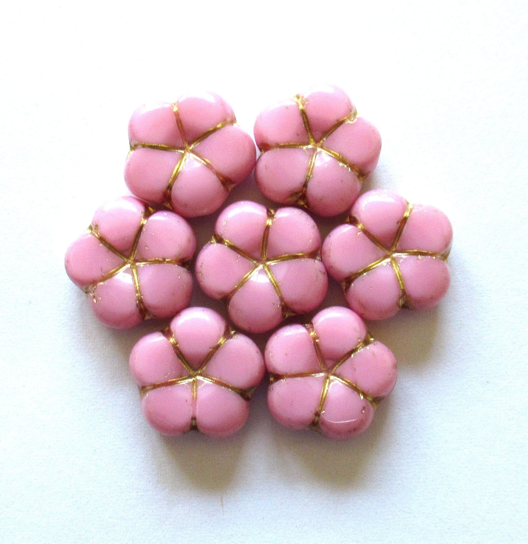 Five large Czech glass flower beads - 16mm - opaque pink with gold accents - C00161