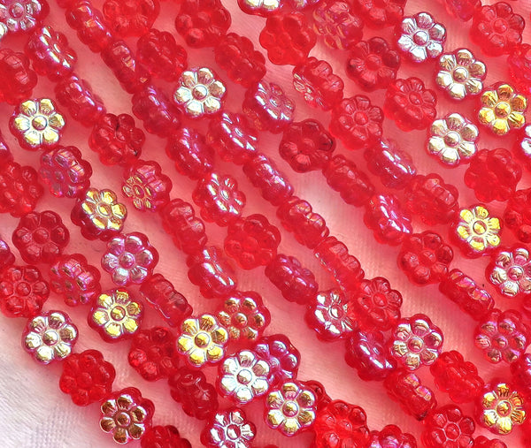 25 8mm Czech glass flower beads - bright siam red AB - pressed glass floral beads - C0074