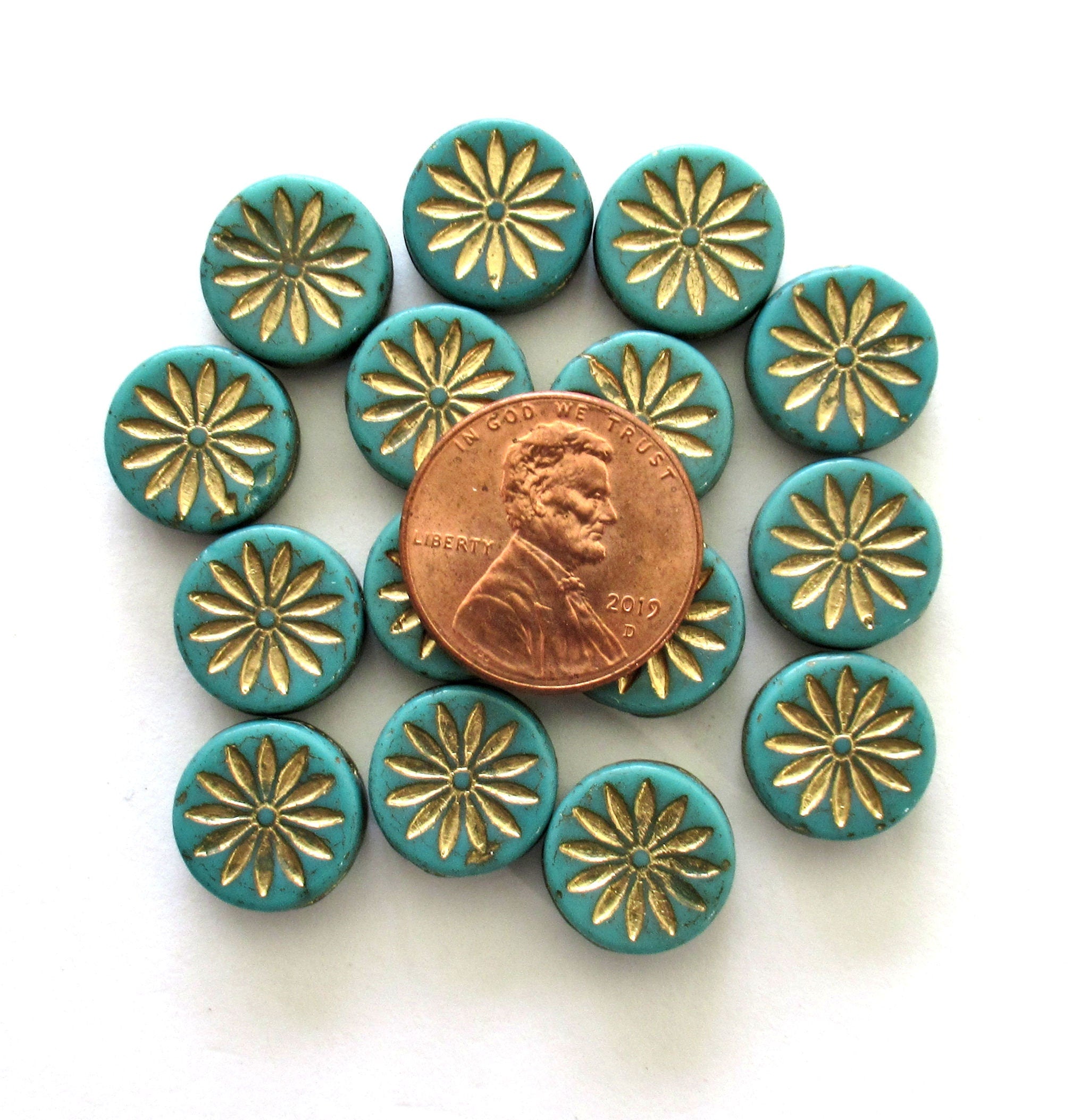 6 Czech glass coin beads - 12mm turquoise green Aster flower disc beads with gold accents - thick flat round beads - 00201
