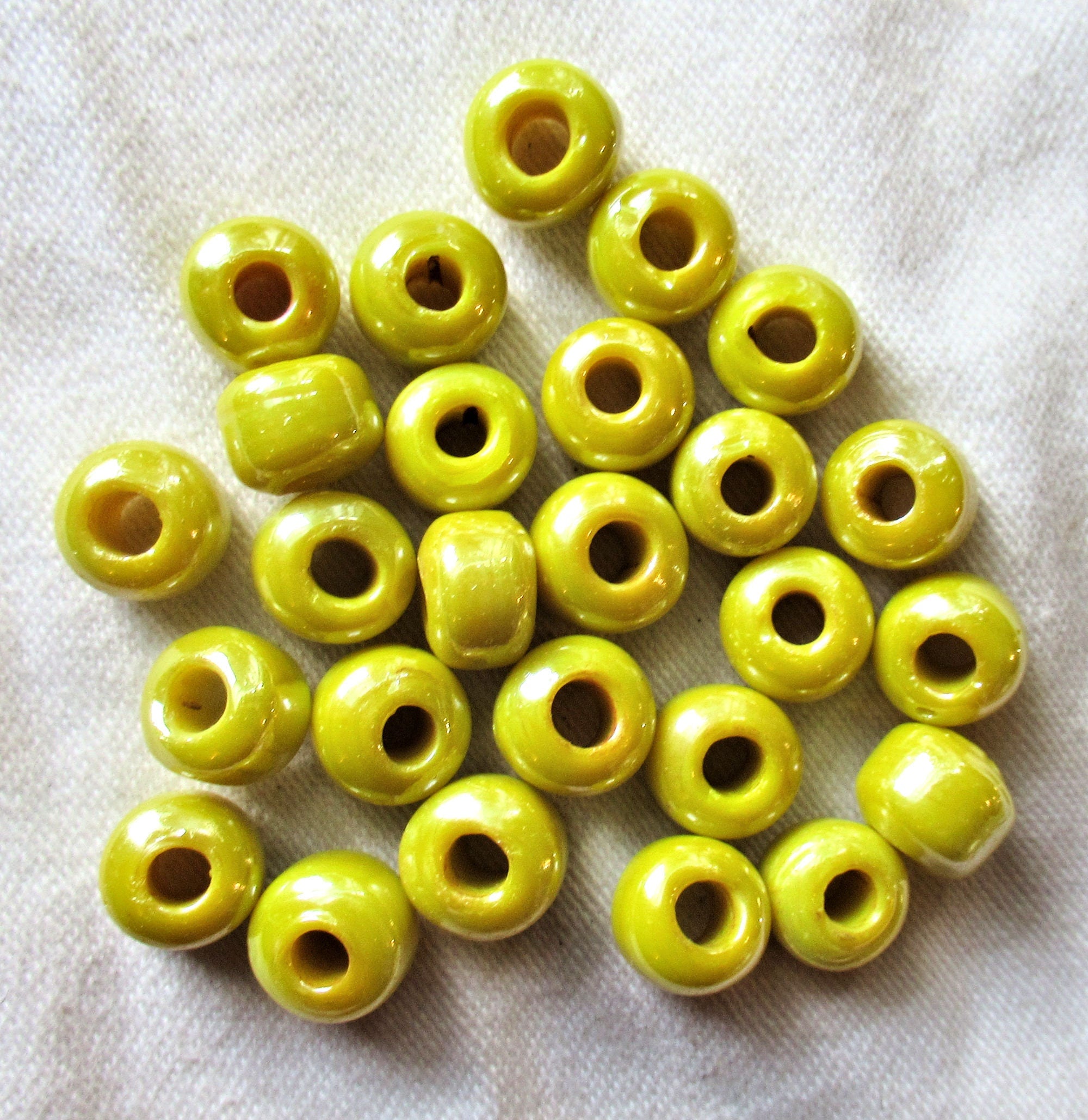 25 9mm opaque bright yellow luster glass pony roller beads, large hole, big hole crow beads, Made in India, C6401