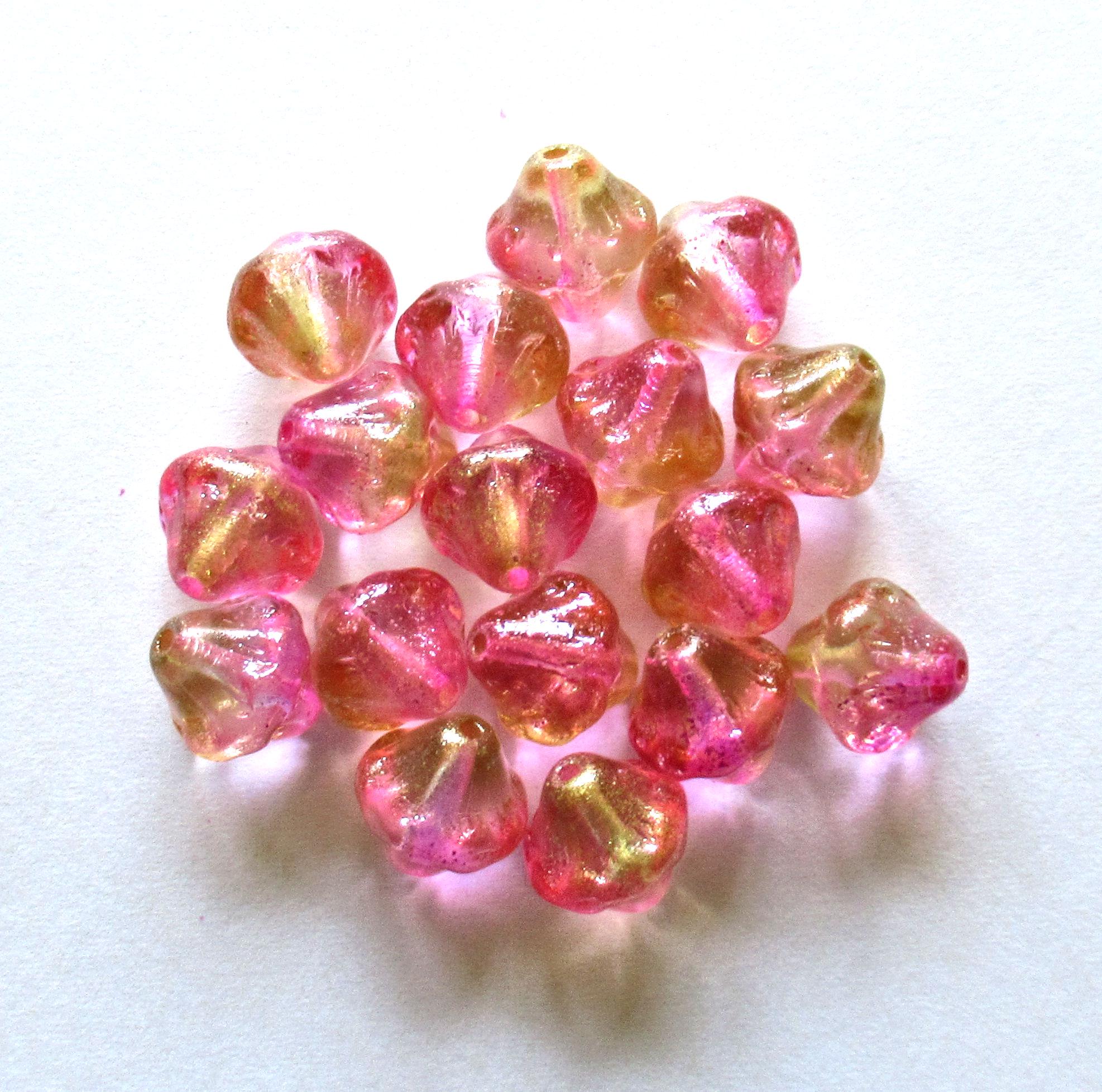 Six large Czech glass bicones - 11mm - bright pink & champagne w/ a gold luster finish bicone beads - C00201
