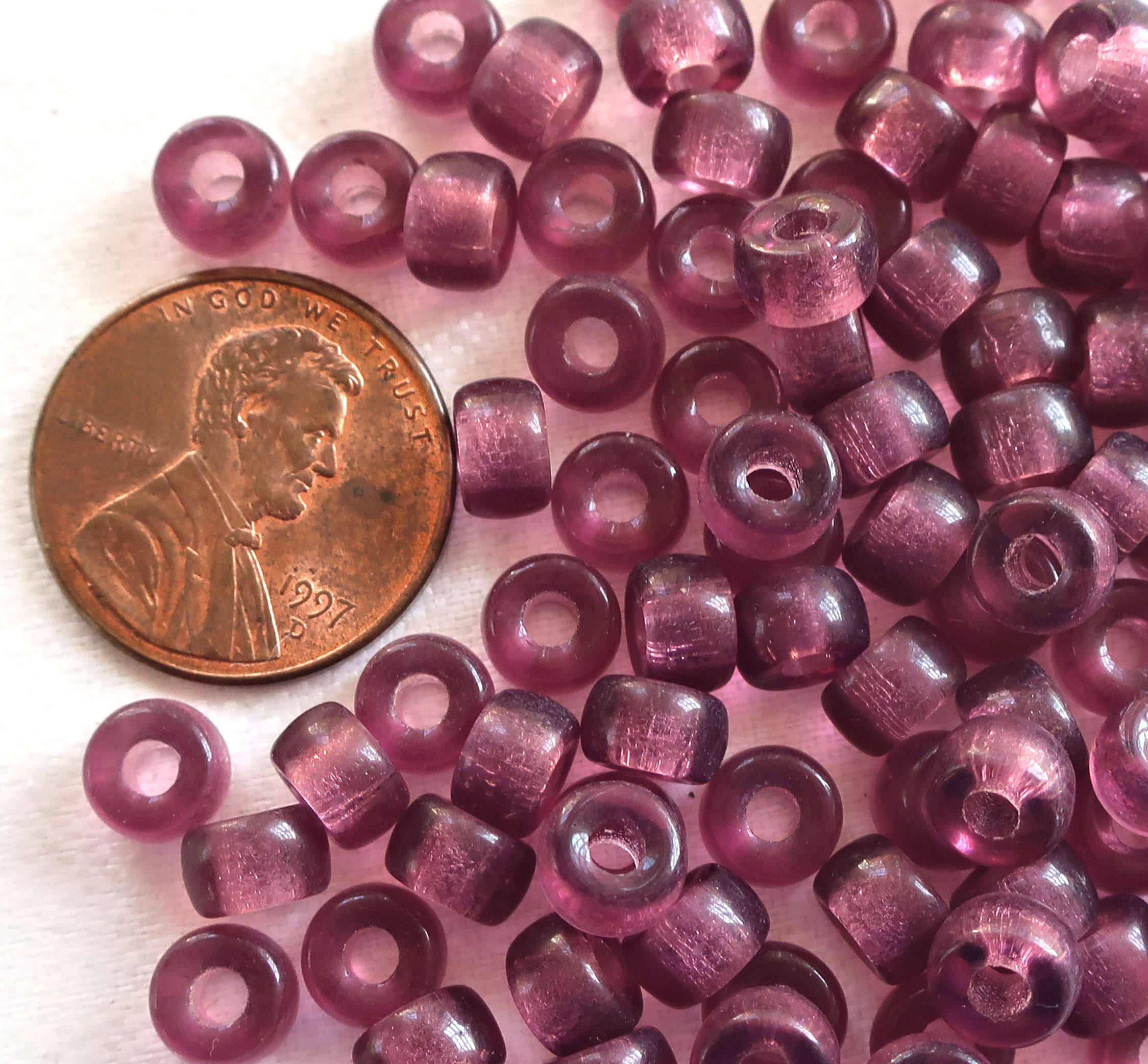 Lot of 50 6mm Czech Amethyst pony roller beads, large 2mm hole purple glass crow beads, C0048
