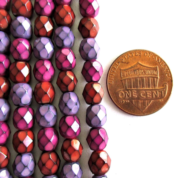 Snake skin beads - purple, pink and red mix - 6mm - Czech glass fire polished faceted round beads - discontinued beads - 25 pieces - C0000
