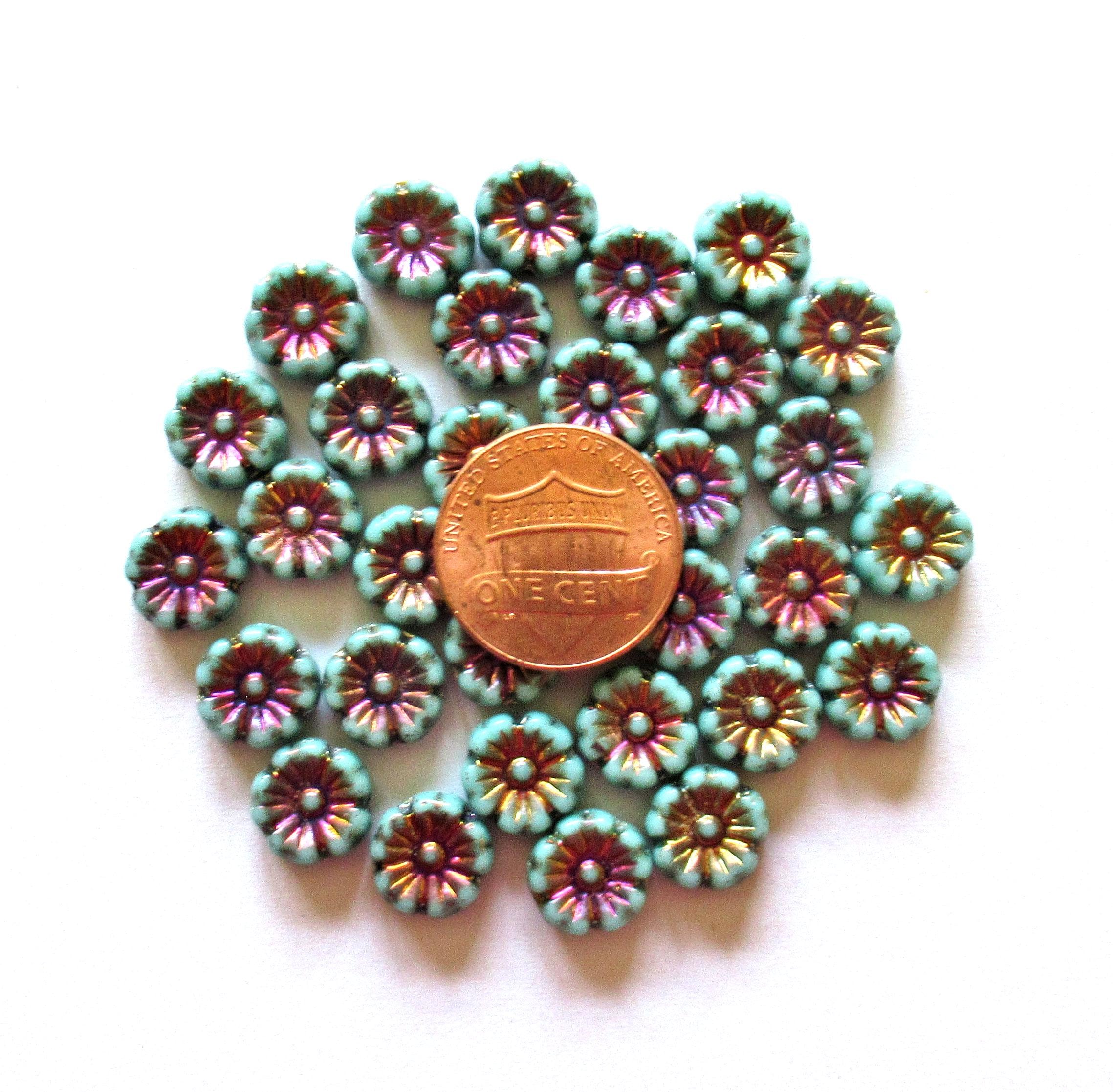 16 Czech glass flower beads - turquoise green w/ multicolored metallic accents - 9mm - C00572