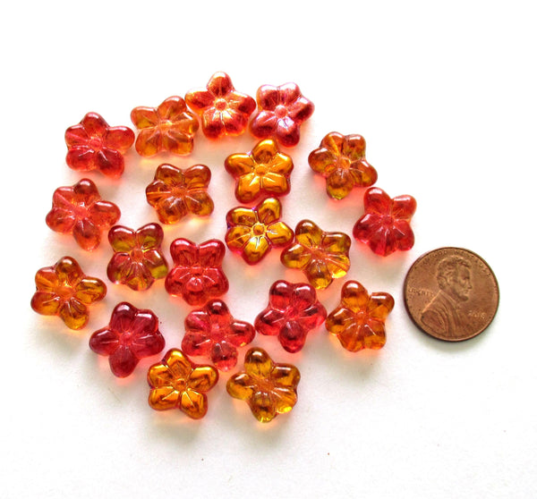 Czech glass flower beads - fire opal / orange ab - asymmetrical pressed glass flowers - 14 X 12mm - ten pieces - 02101