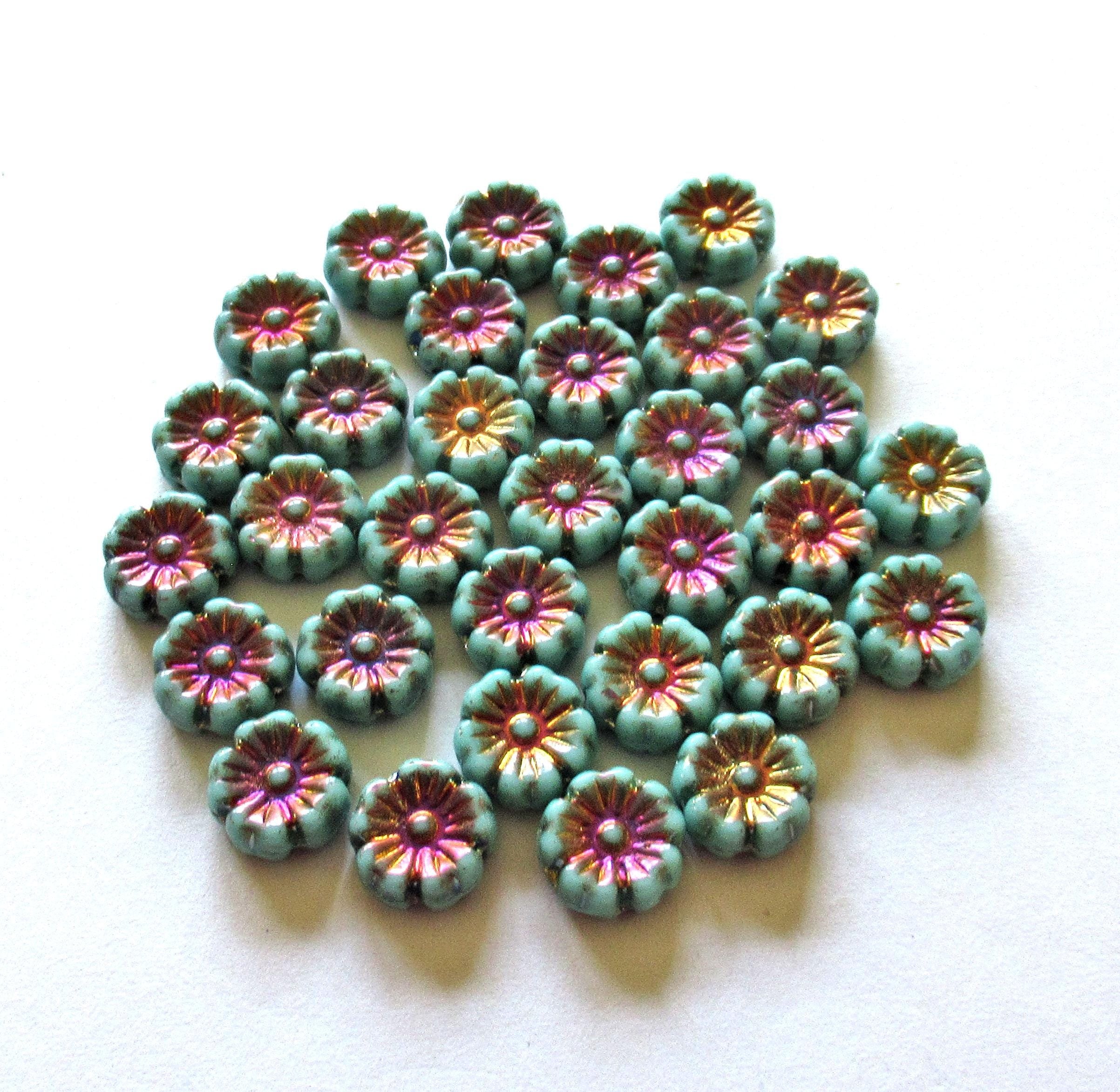 16 Czech glass flower beads - turquoise green w/ multicolored metallic accents - 9mm - C00572