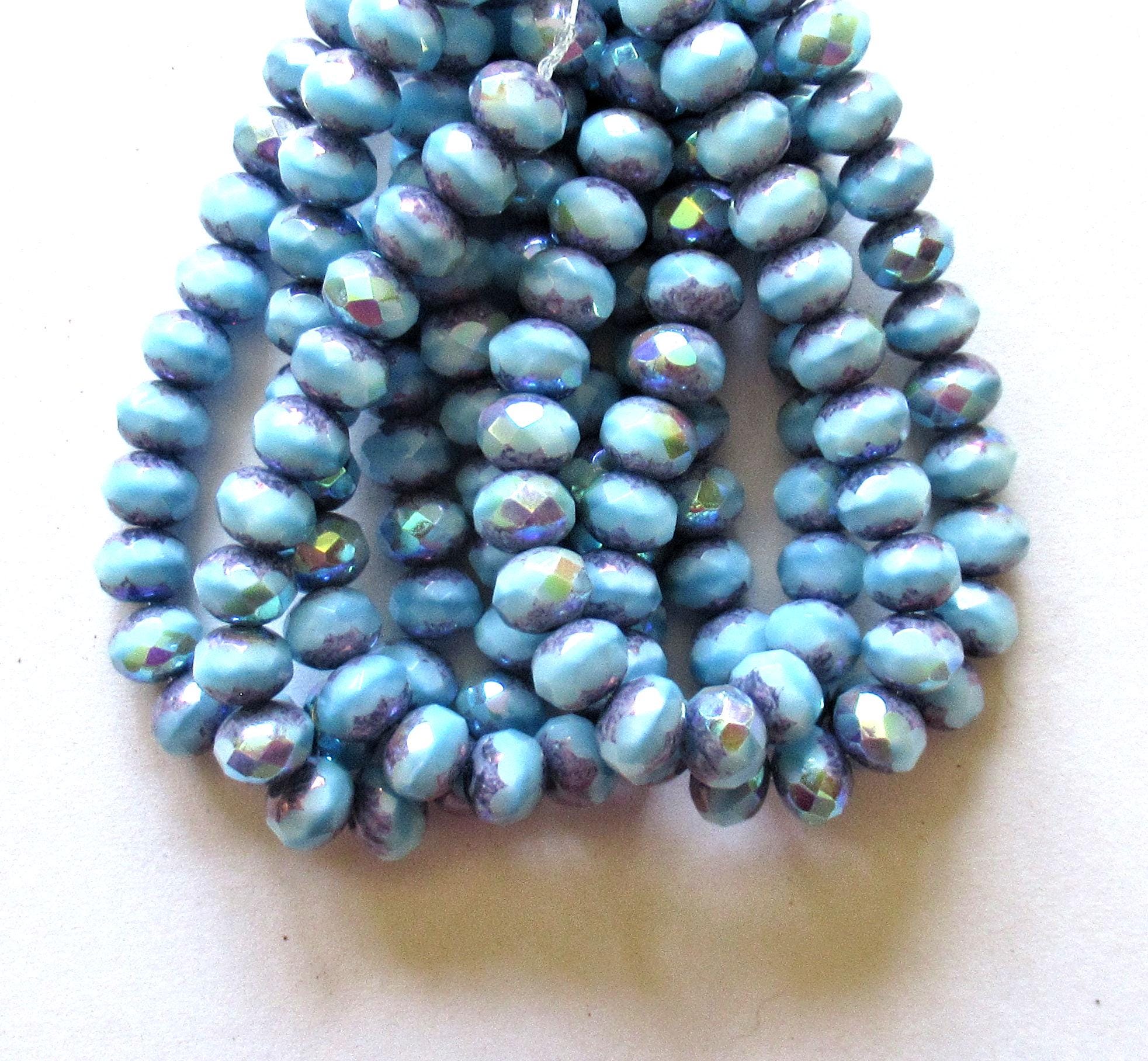 25 Czech glass puffy rondelle beads - 7 x 5mm - baby blue AB w/ purple picasso accents - C00522