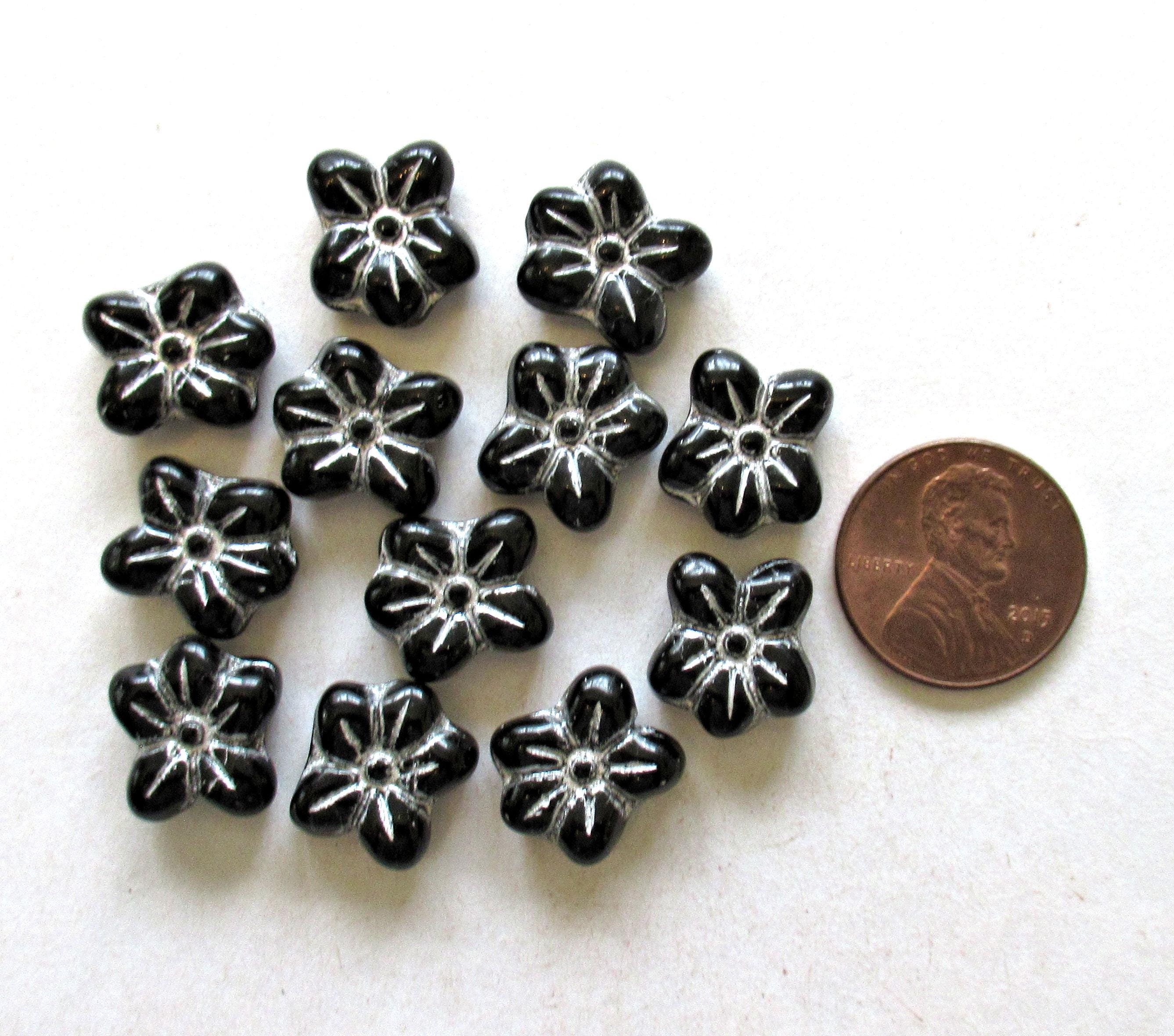 Ten Czech glass flower beads - jet black with silver accents - 14 X 12mm - asymmetrical pressed glass flowers - C0731