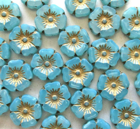 Czech glass flower beads - 12mm - translucent aqua blue opal w/ gold wash - table cut carved - Hawaiian hibiscus flowers - 8 beads - C00691