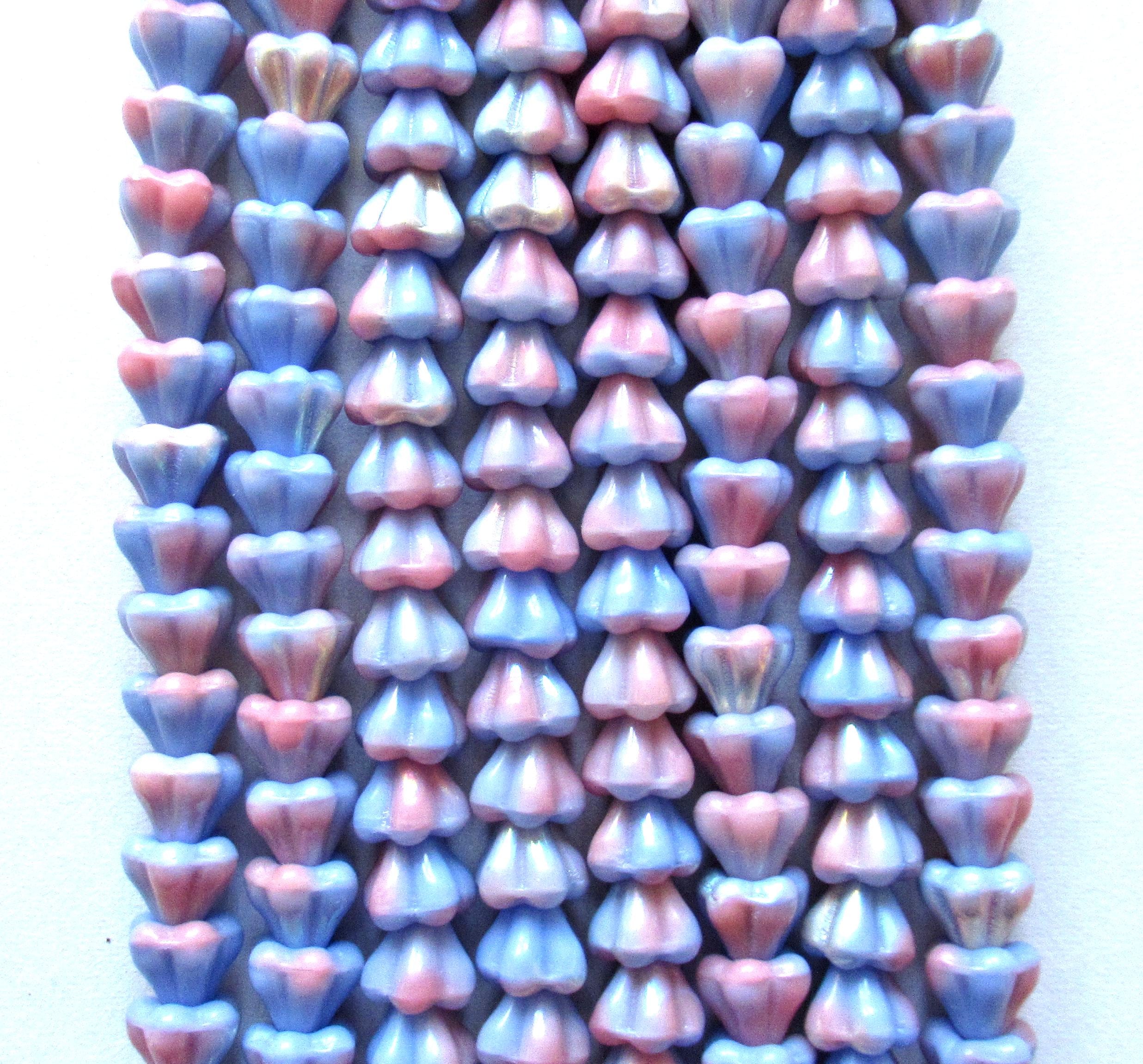 50 Czech glass baby bell flower beads - 6mm x 4mm - opaque marbled pink and blue AB - C00751