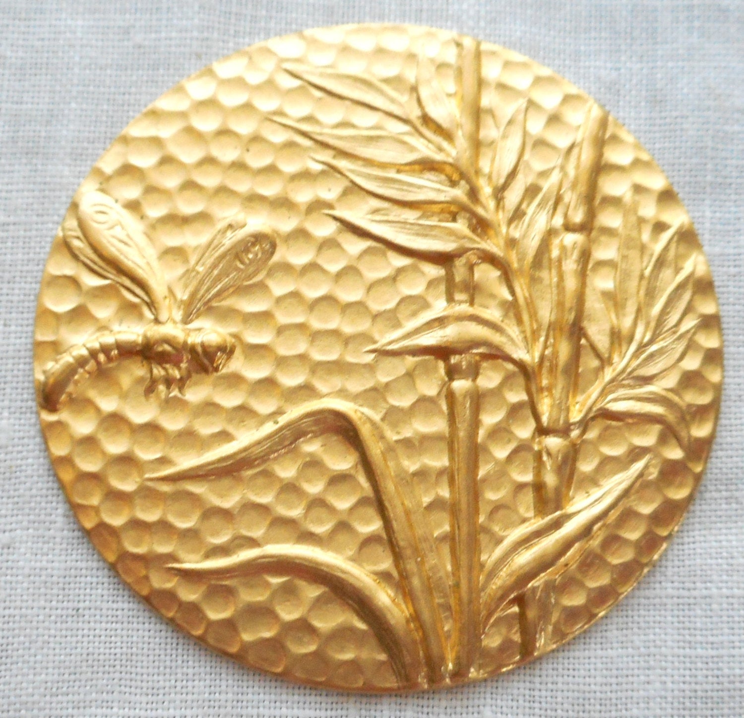 1 raw brass plant & dragonfly medallion, pendant, charm, brass stamping, 42mm, made in the USA C0601 - Glorious Glass Beads