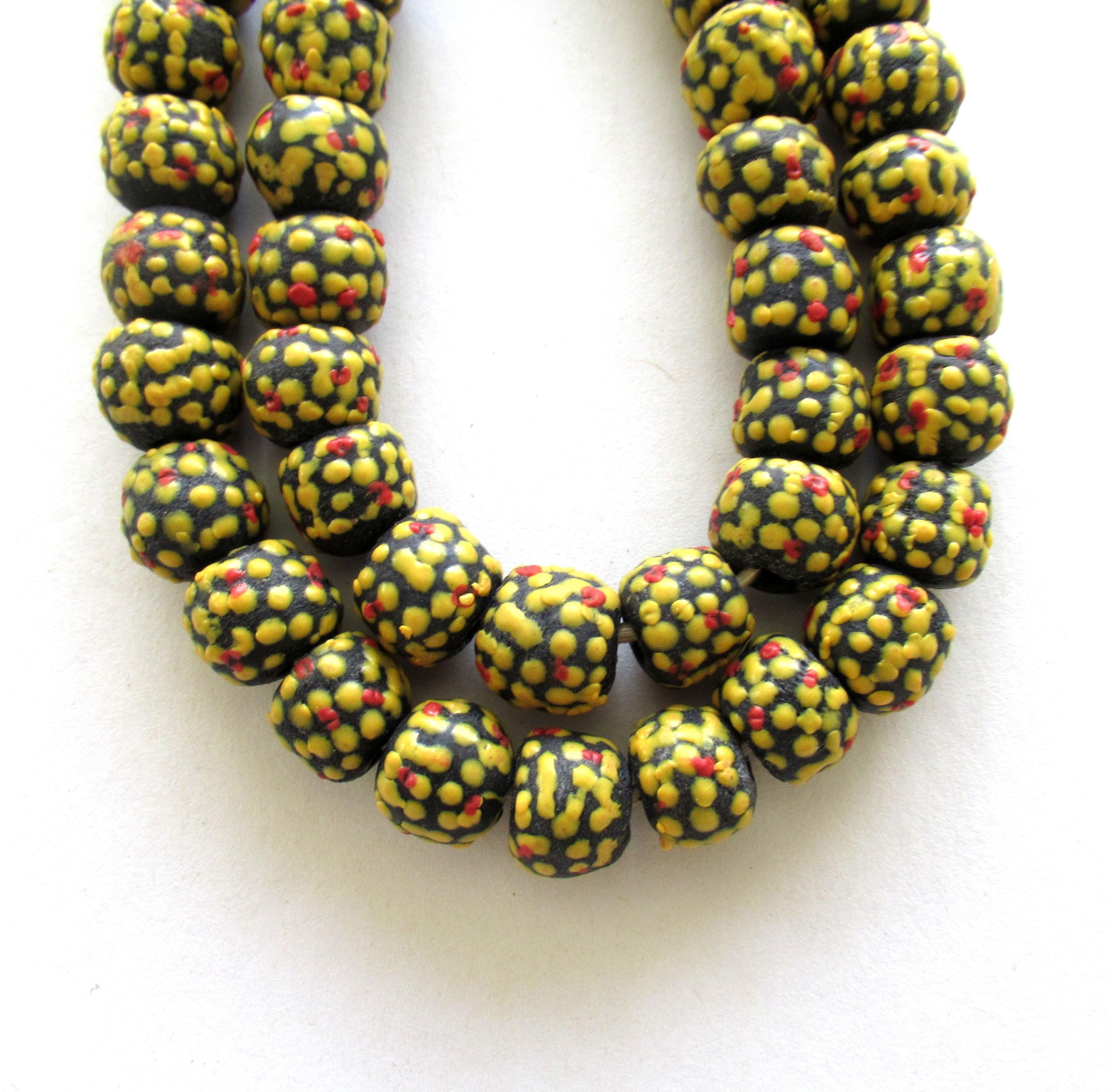 African Ghana Krobo glass rondelle beads - brown w/ orange & red dots - 11 to 12mm by 9 to 10mm - big hole rustic beads - 8 beads - C00611
