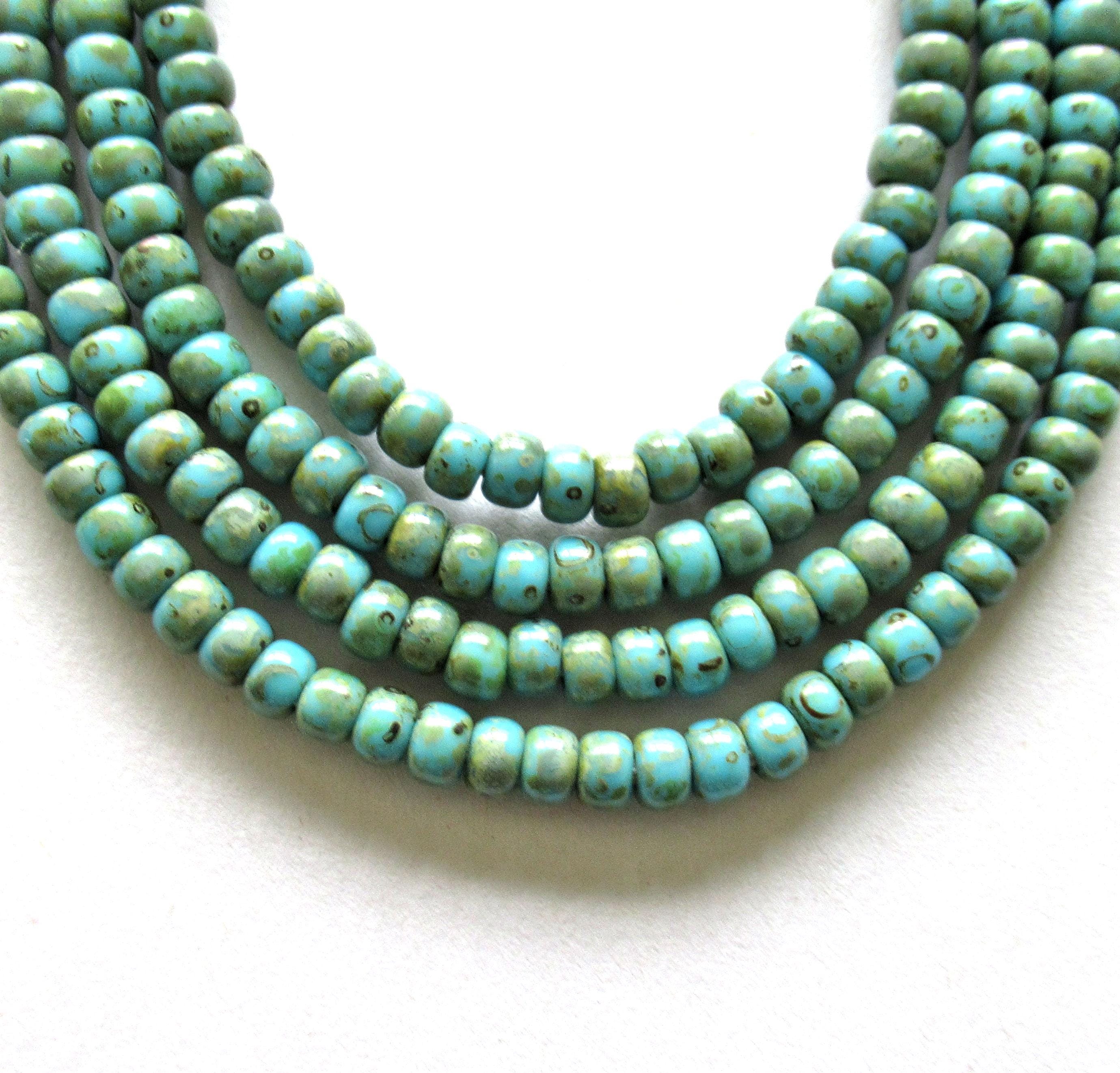 6/0 Czech glass aged seed beads - opaque turquoise blue picasso beads - one 24 inch strand - approx 218 beads - C00755