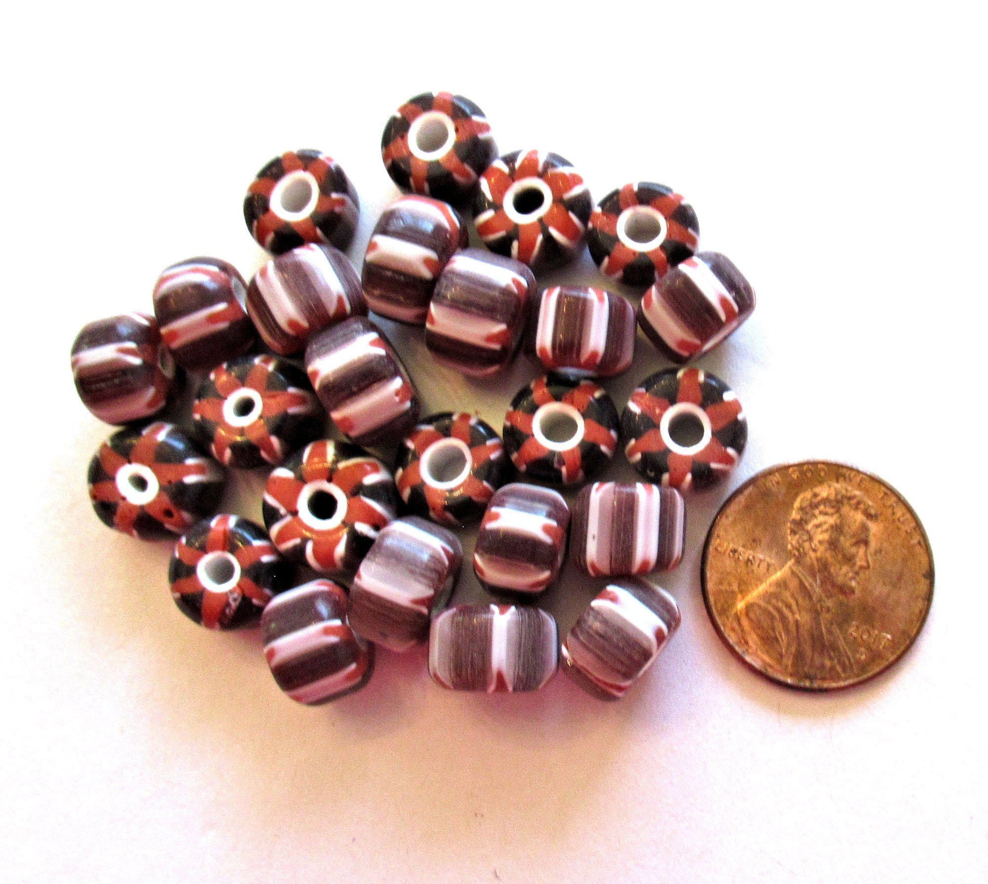 Ten gray, black, white & red striped chevron glass barrel beads - big hole rustic beads - approx 9x 7mm C0086
