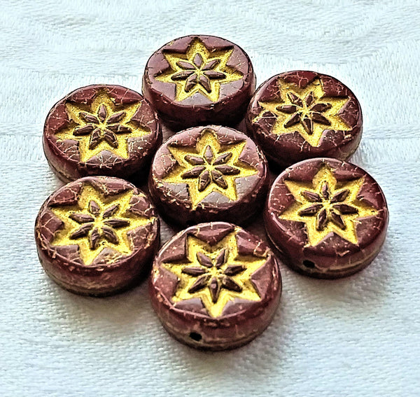 Ten 13mm coin or disc flower beads - translucent red opal with a gold wash - Czech glass star beads - 4.5mm thick C08201