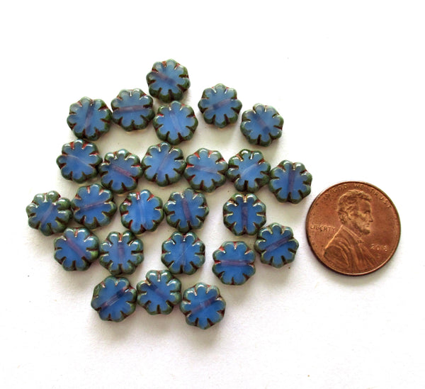 15 Czech glass flower beads - cornflower blue picasso beads - 9mm - table cut cactus flower beads - C00261