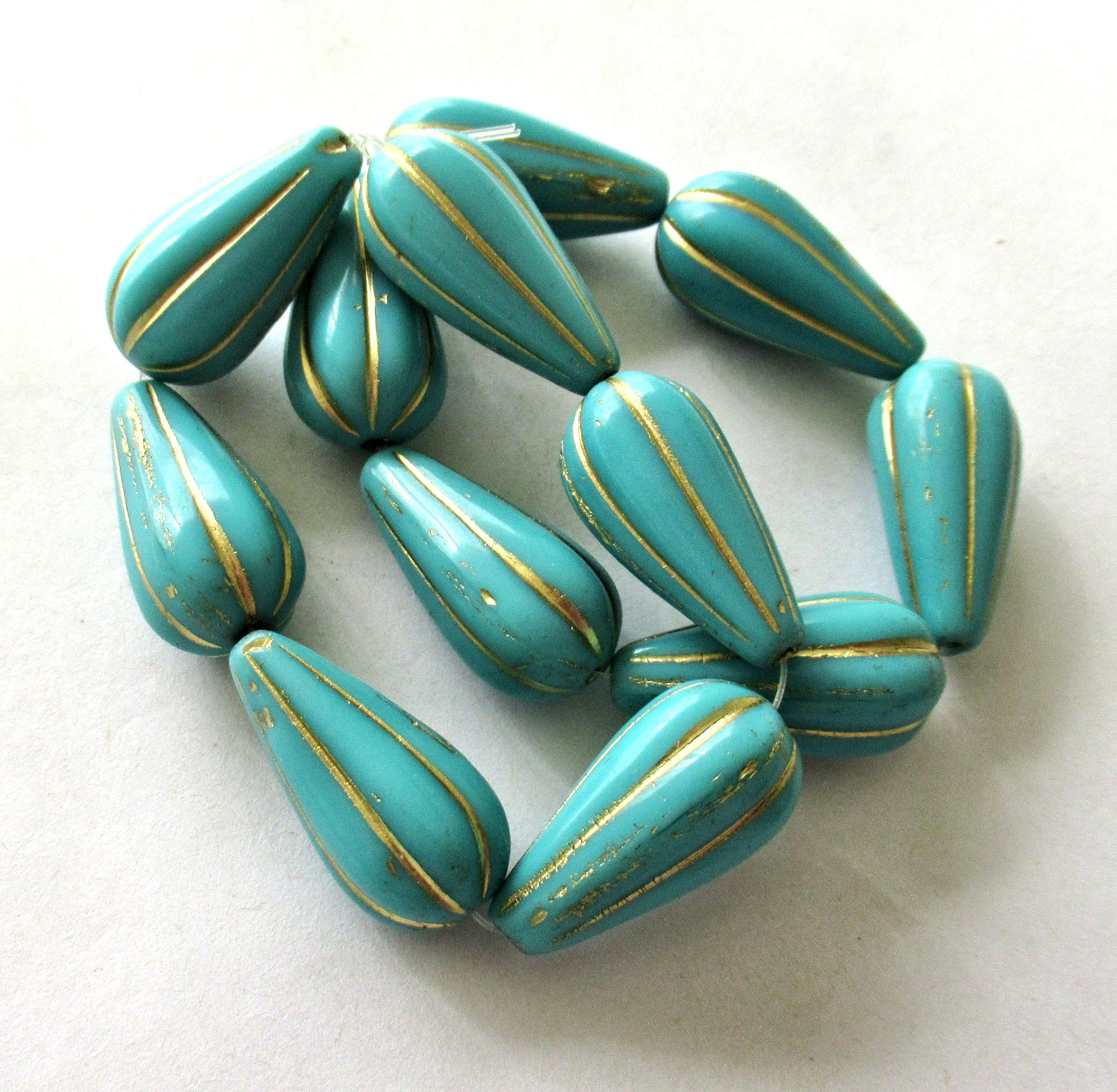 Six large Czech glass teardrop melon beads - turquoise blue green w/ gold accents - 22 x 11mm tear drop beads 00571
