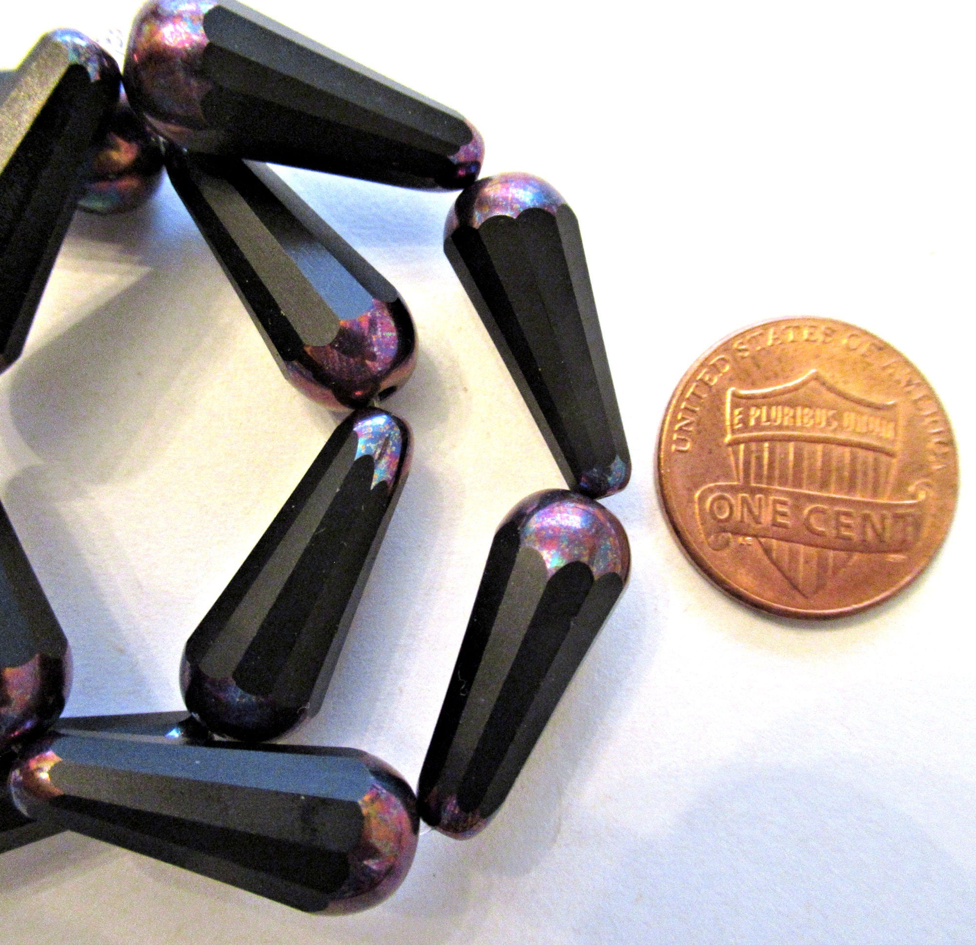 Six Czech glass long faceted teardrop beads - opaque jet black w/ purple bronze ab accents - 9 x 20mm elongated tear drops 00391