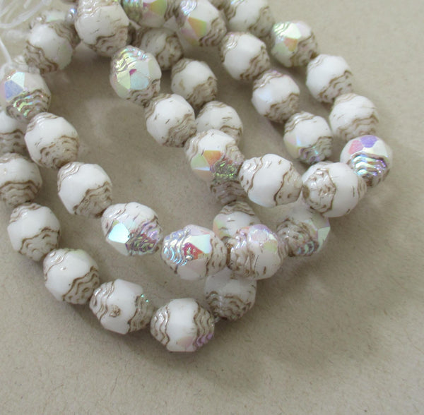 15 Czech glass mini antique style oval beads - 8 x 6mm white ab picasso beads - faceted fire polished cathedral beads - C00071