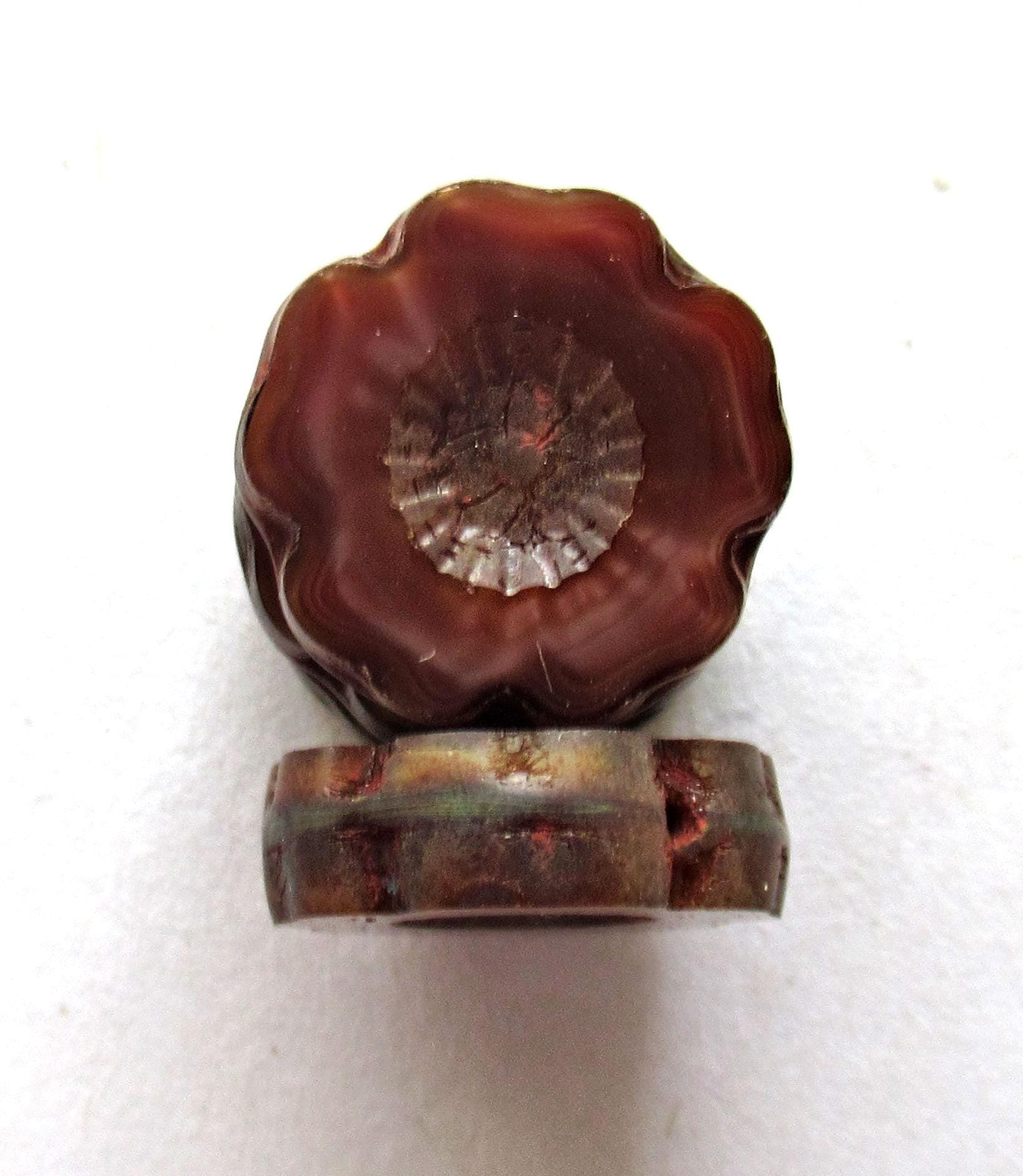 Six Czech glass flower beads - 14mm - dark reddish brown or burgundy picasso - table cut carved -Hawaiian hibiscus flowers - C00021